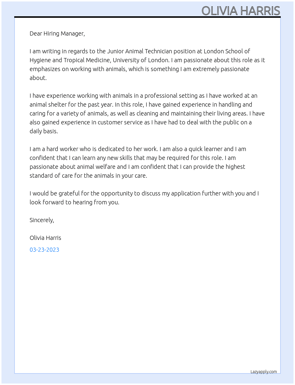 Junior Animal Technician At London School of Hygiene and Tropical Medicine, University of London  Cover Letter