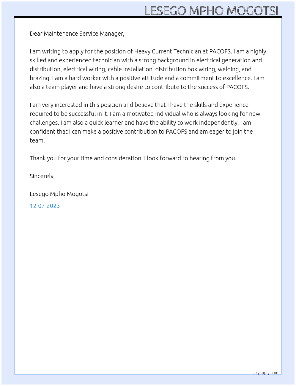 Heavy Current Technician  At PACOFS Cover Letter