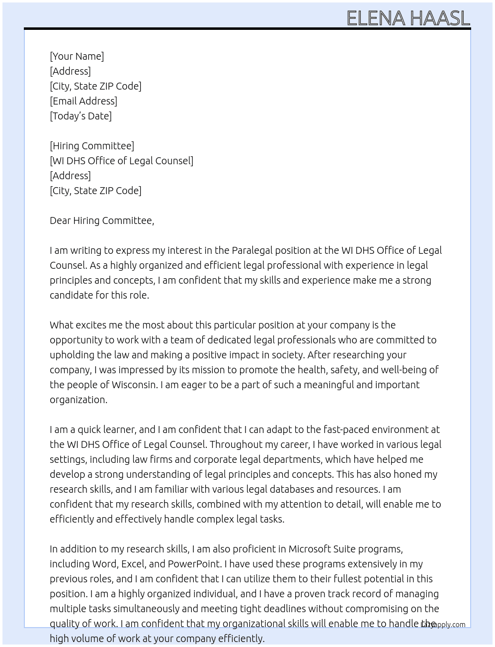 Paralegal At WI DHS Office of Legal Counsel Cover Letter