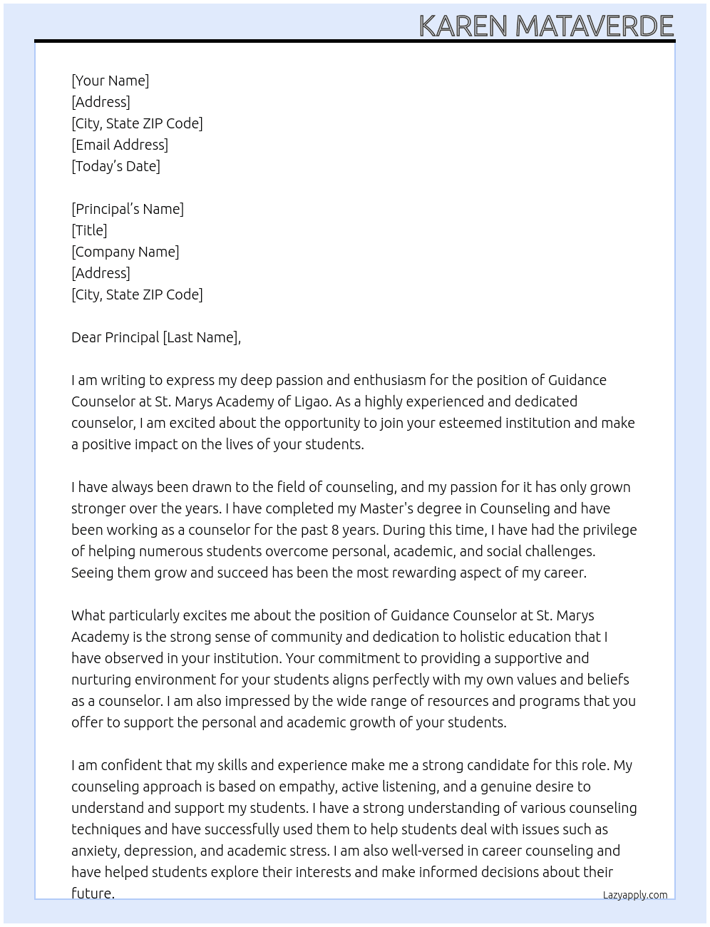 Guidance Counselor At St. Marys Academy of Ligao Cover Letter