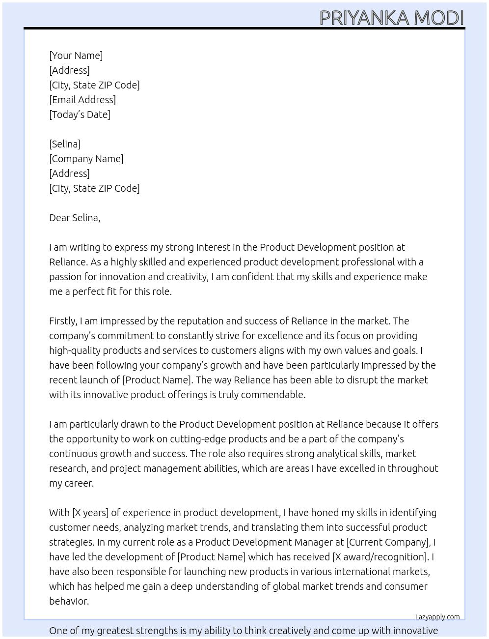 Product Development At Reliance Cover Letter