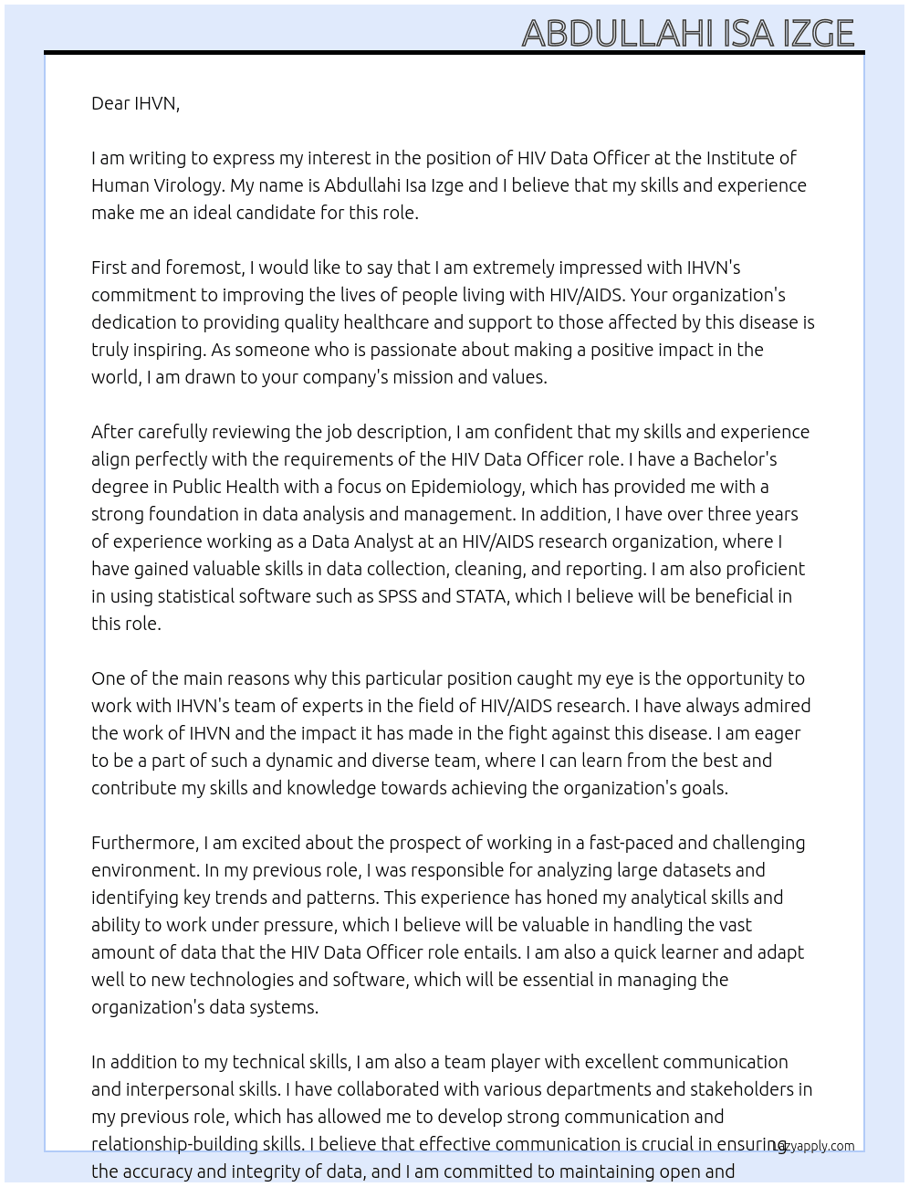 HIV Data officer  At Institute of Human Virology  Cover Letter