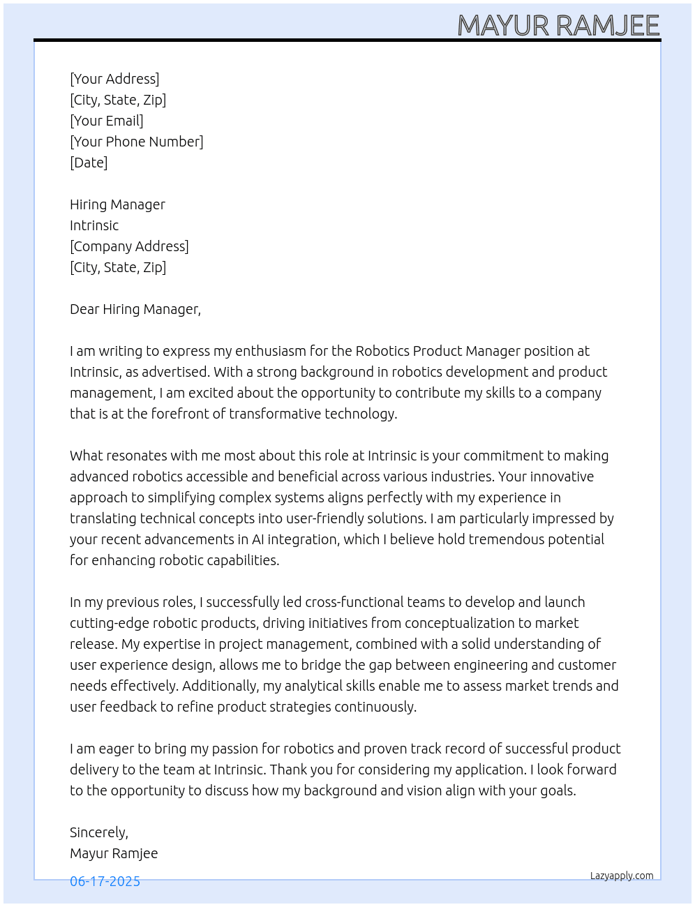 Robotics Product Manager At Intrinsic Cover Letter