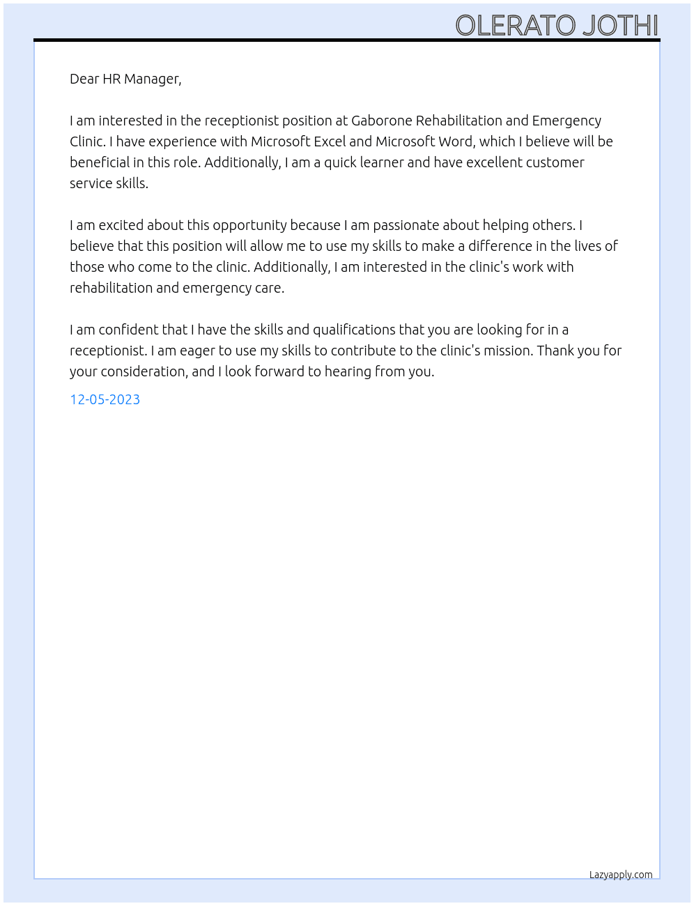 receptionist At gaborone rehabilitation and emergency clinic Cover Letter