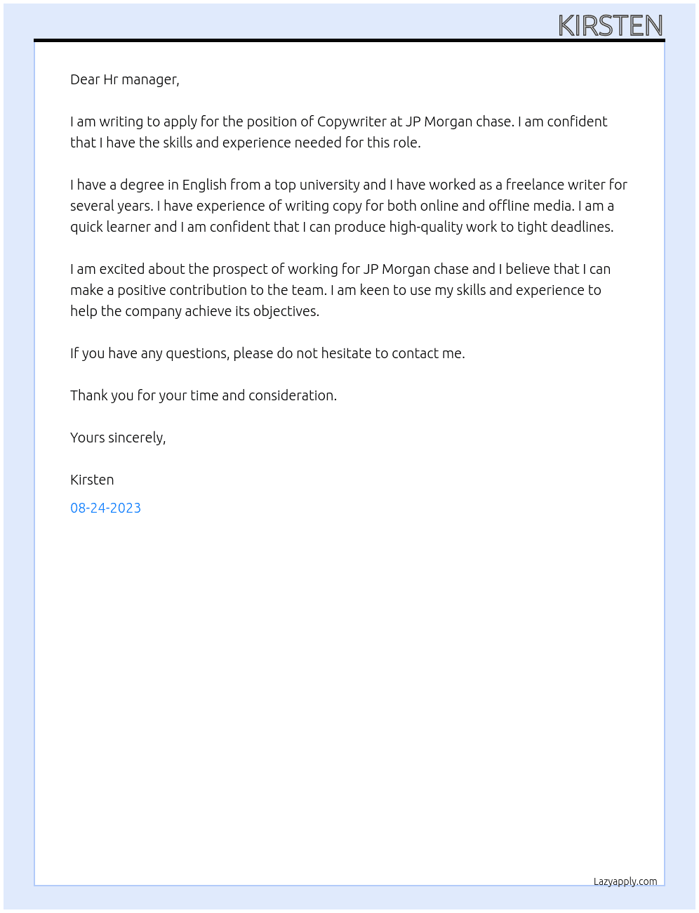 Copywriter  At JP Morgan chase Cover Letter