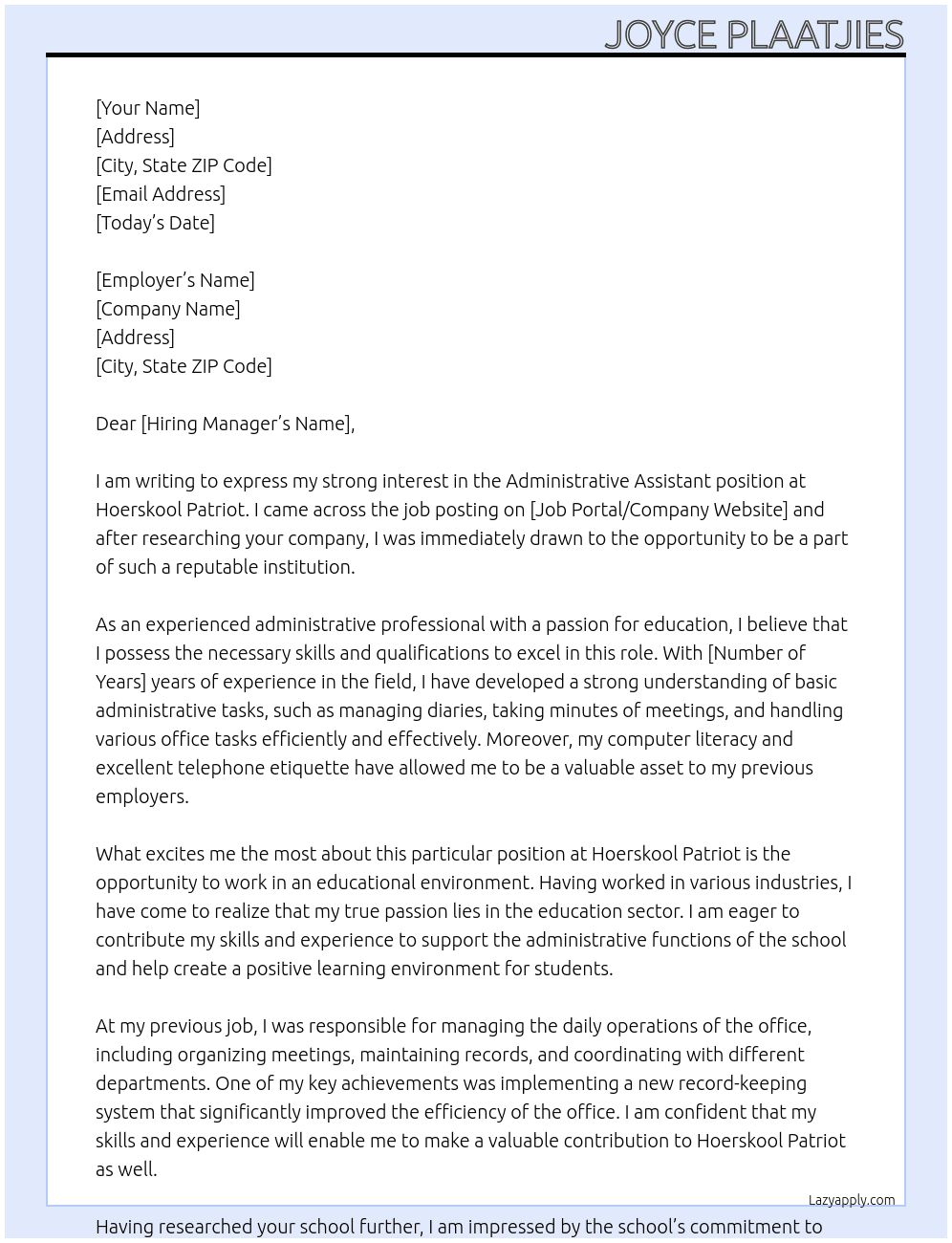 administrative assistant  At Hoerskool Patriot Cover Letter