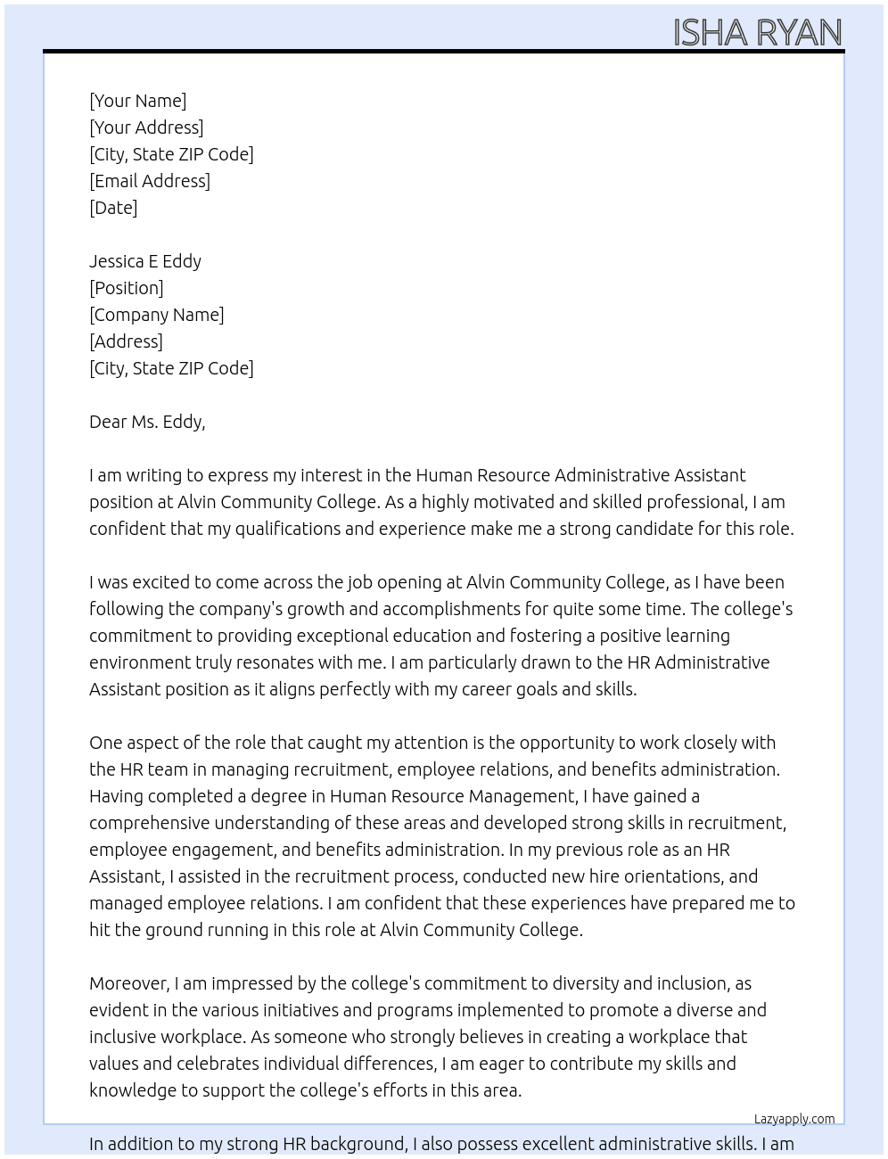 Human Resource Administrative Assistant At Alvin Community College Cover Letter