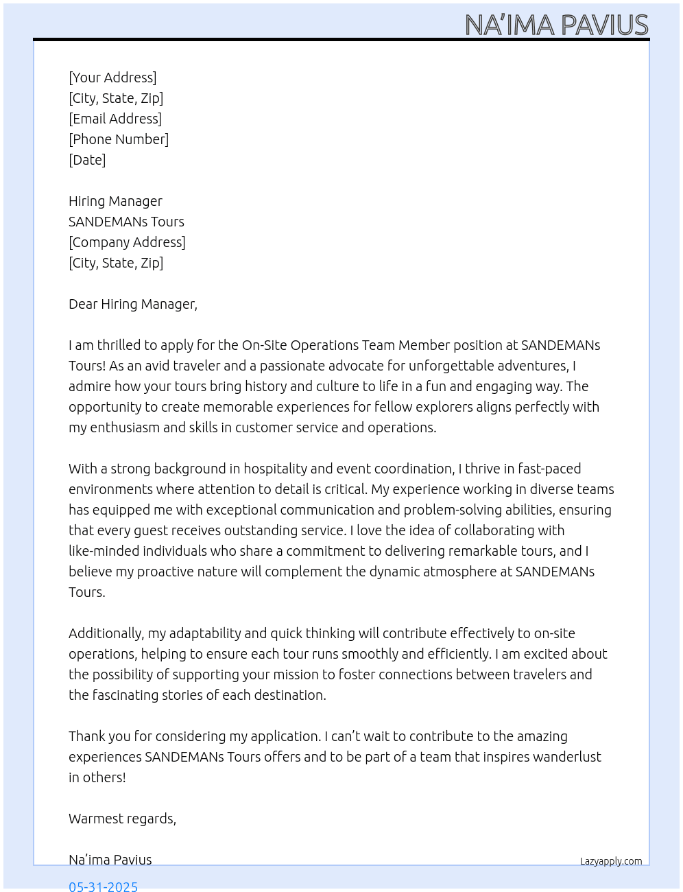 On-Site Operations Team Member At SANDEMANs Tours Cover Letter