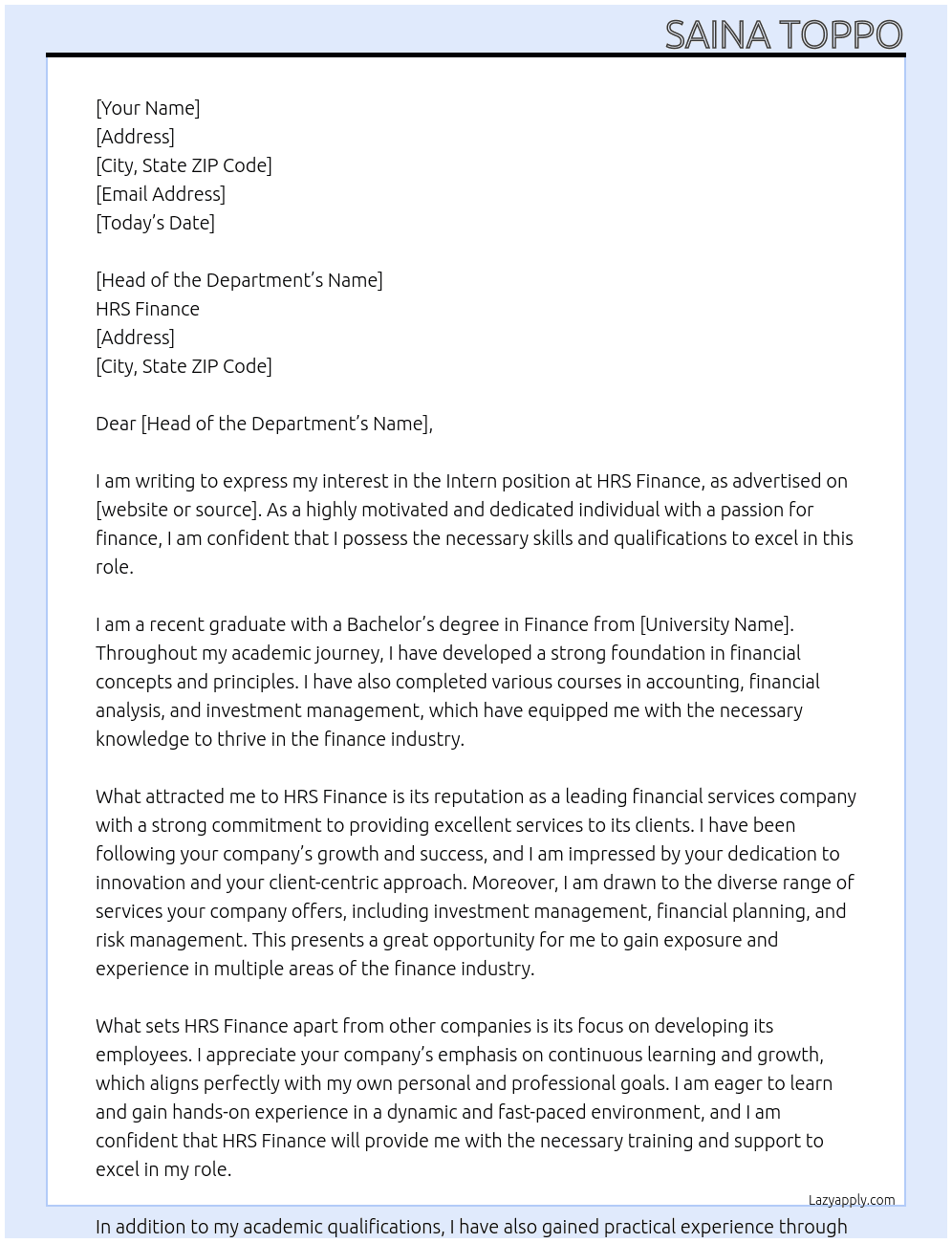 Intern At HRS finance  Cover Letter