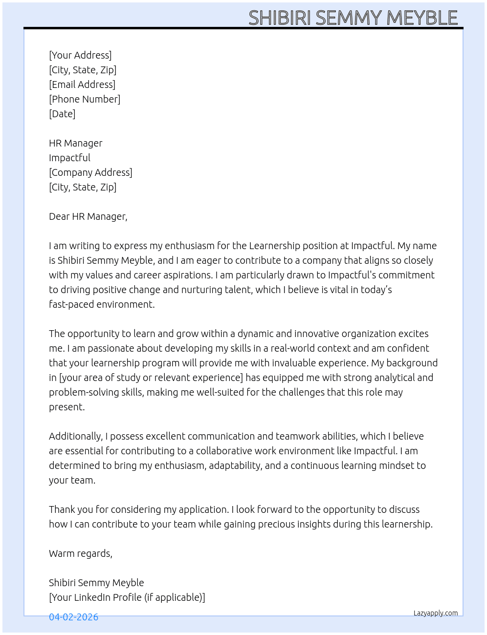Learnership  At Impactful Cover Letter
