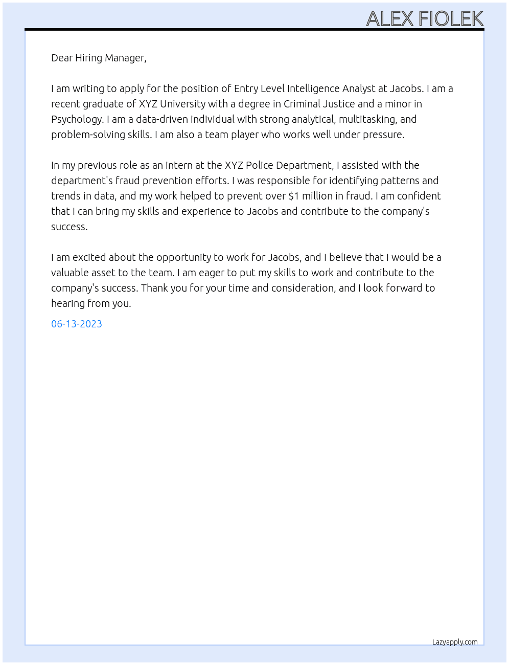 Entry Level Intelligence Analyst At Jacobs Cover Letter