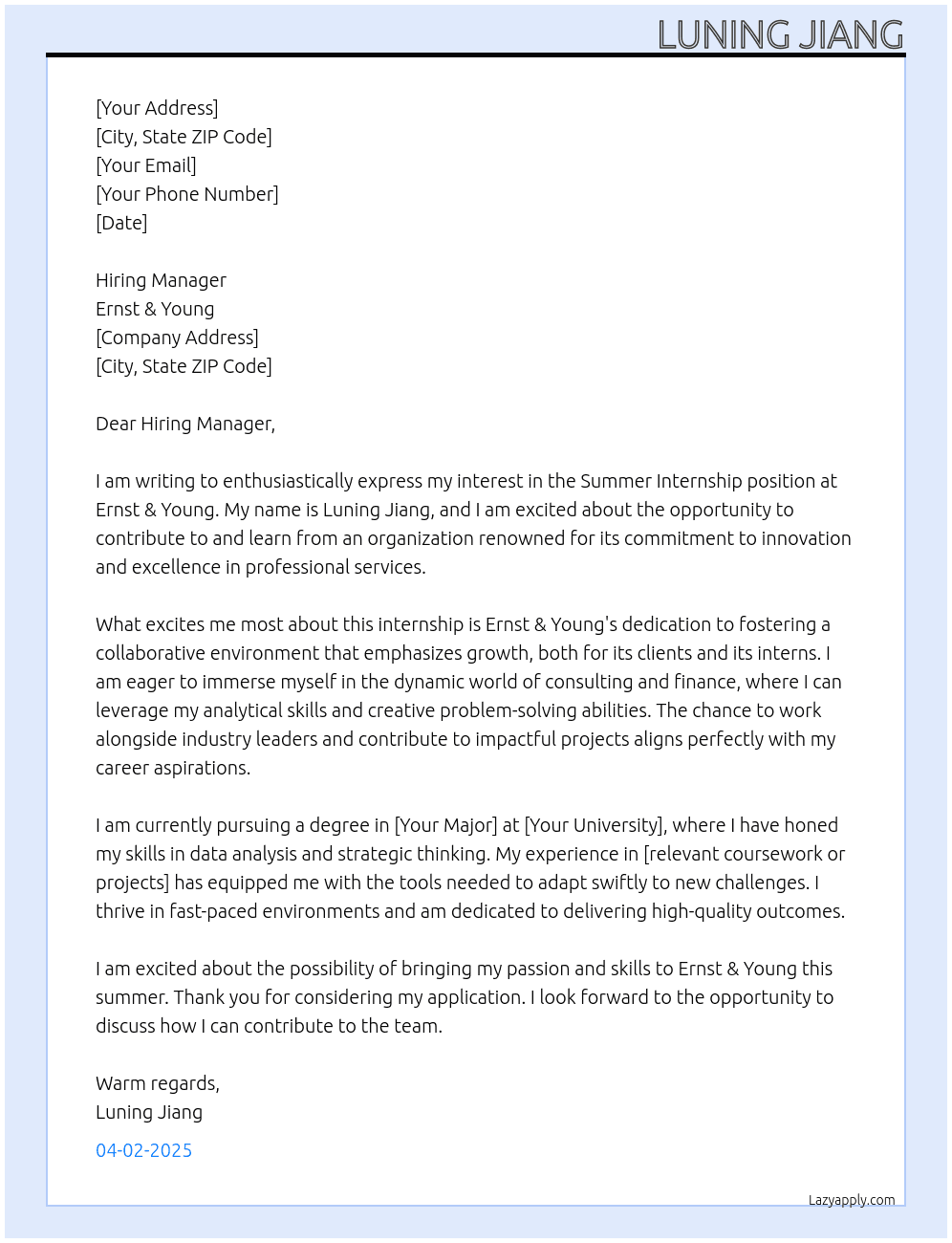 Summer Internship At Ernst & Young Cover Letter