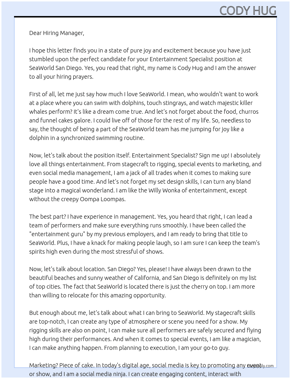 Entertainment Specialsit At SeaWorld San Diego Cover Letter