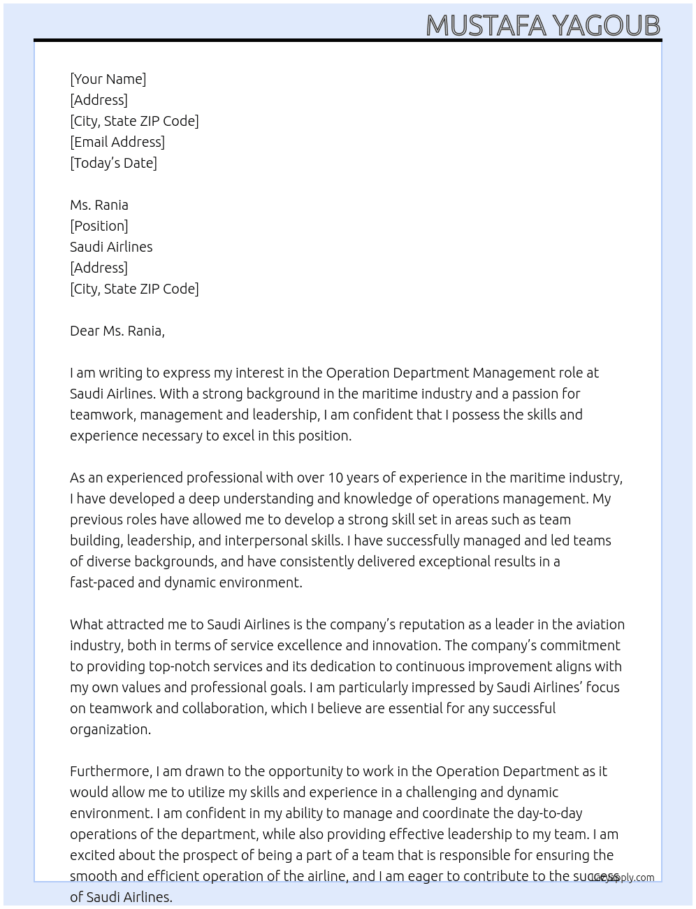 Operation Department At Saudi Airlines Cover Letter