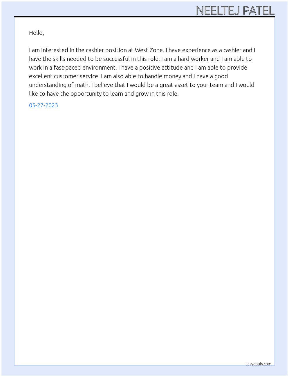 Cashier  At West zone  Cover Letter