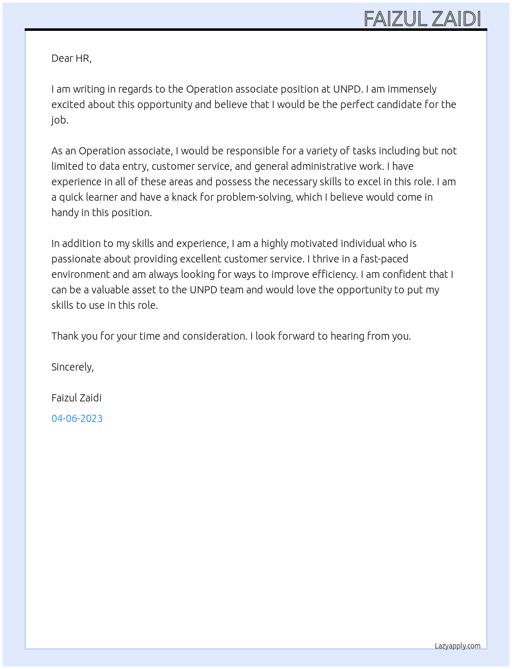 Operation associate  At UNPD Cover Letter