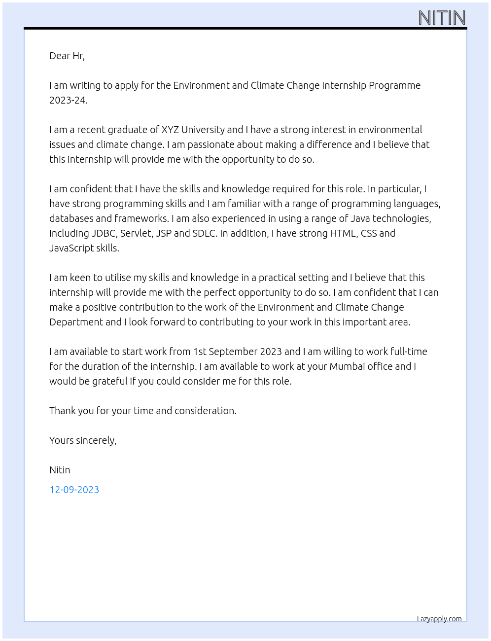 Environment and Climate Change  Internship Programme 2023-24 At Environment and Climat Chanage Dept Mah. Gov Cover Letter