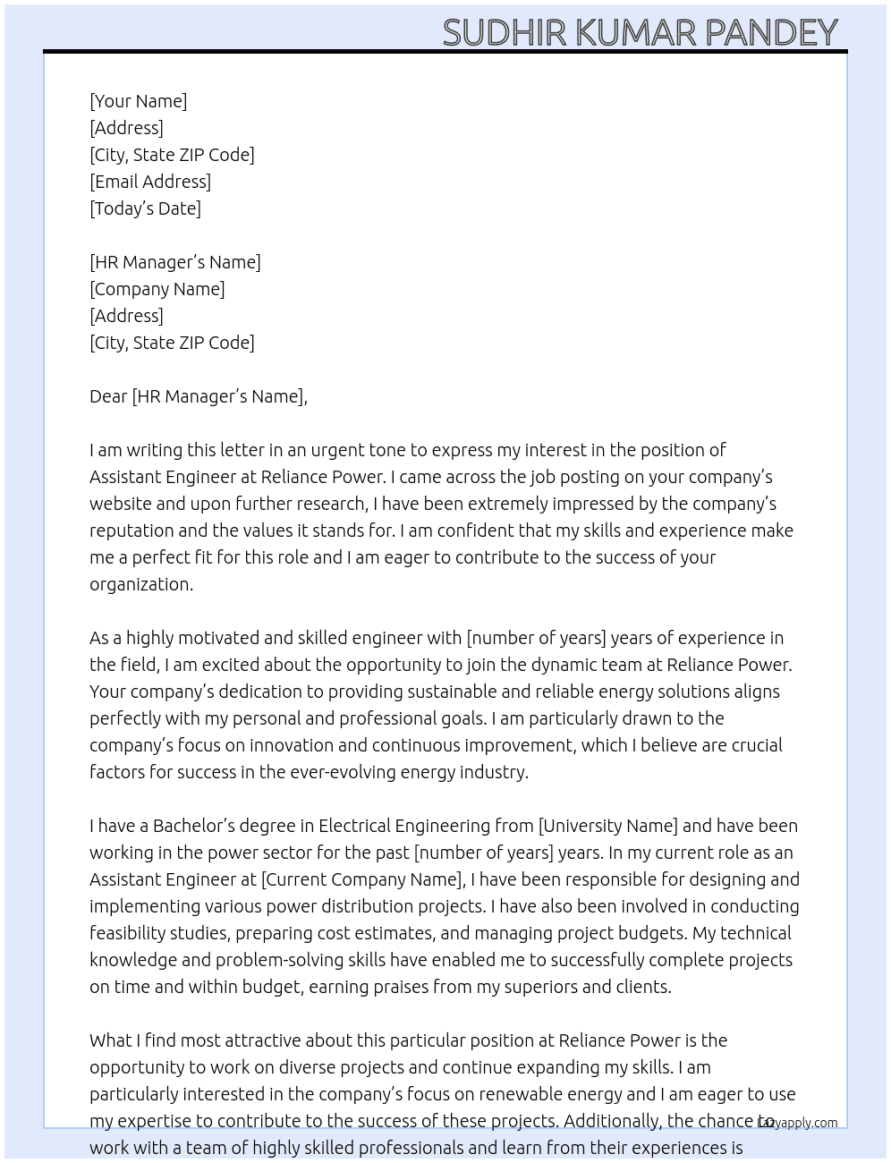 Assistant Engineer  At Reliance Power Cover Letter