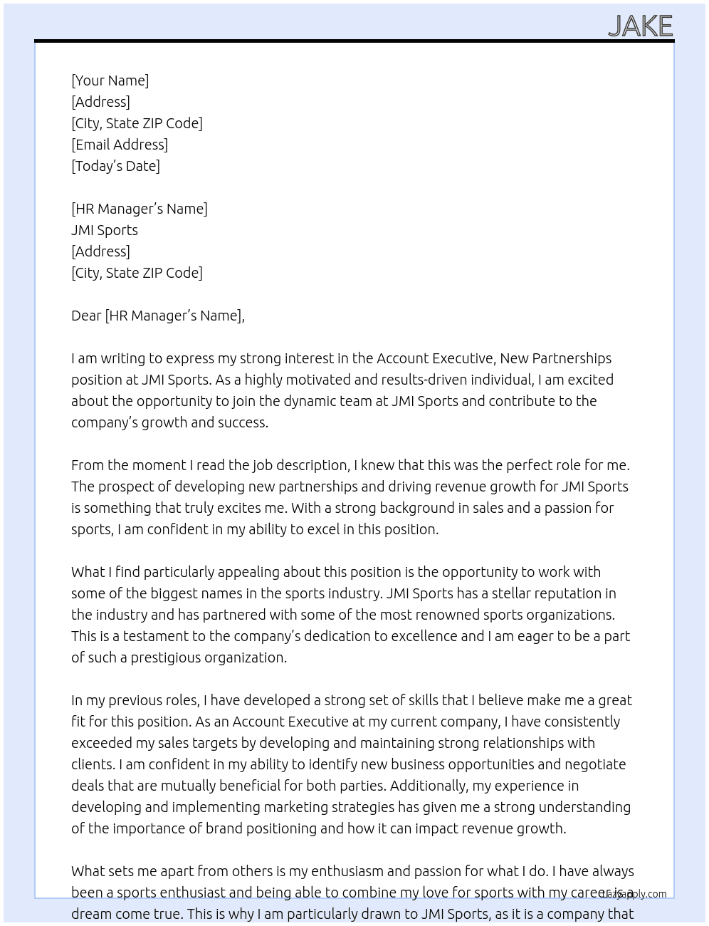 Account Executive, New Partnerships At JMI Sports Cover Letter