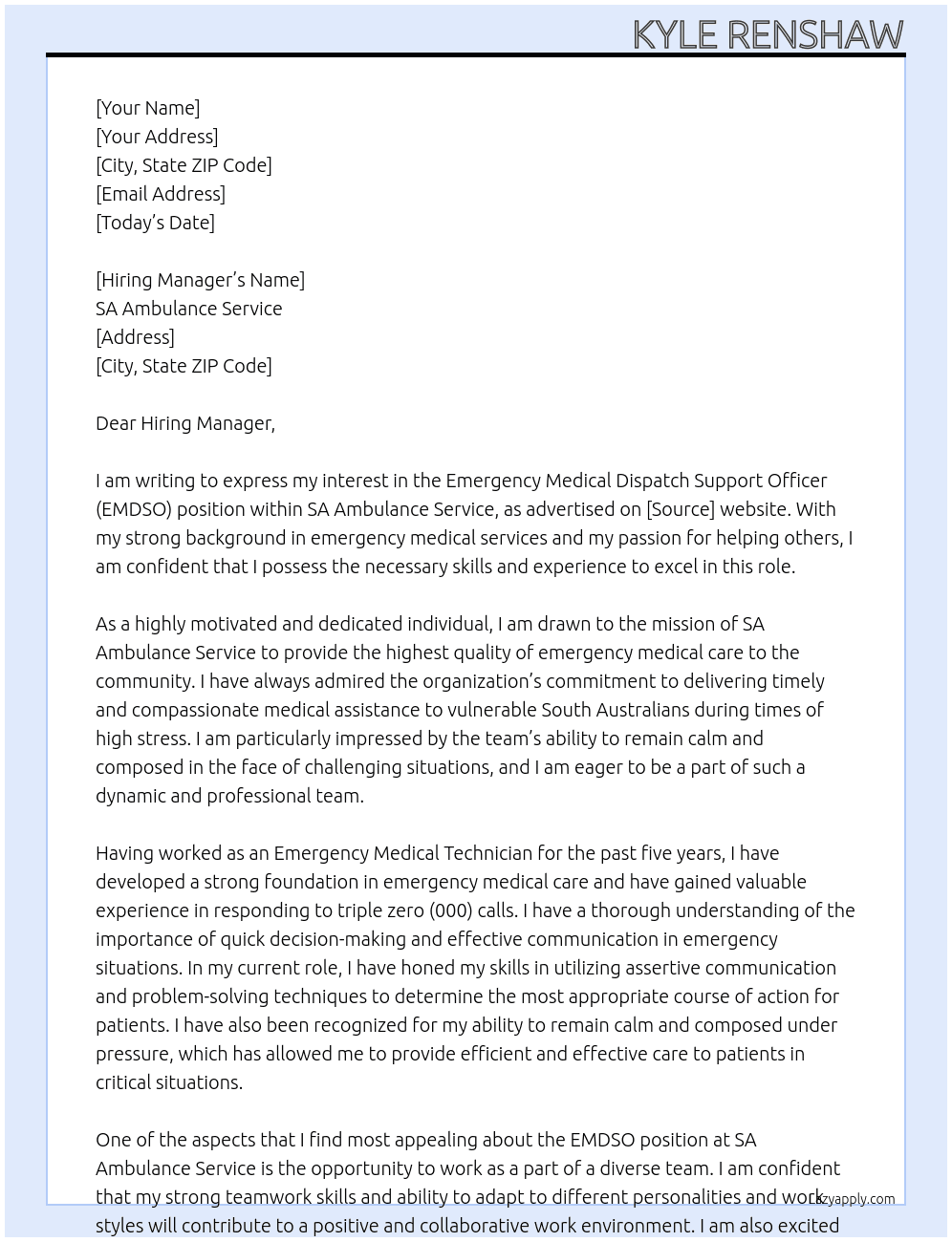 Emergency Medical Dispatch Support Officer - Pool At SA Ambulance Service Cover Letter