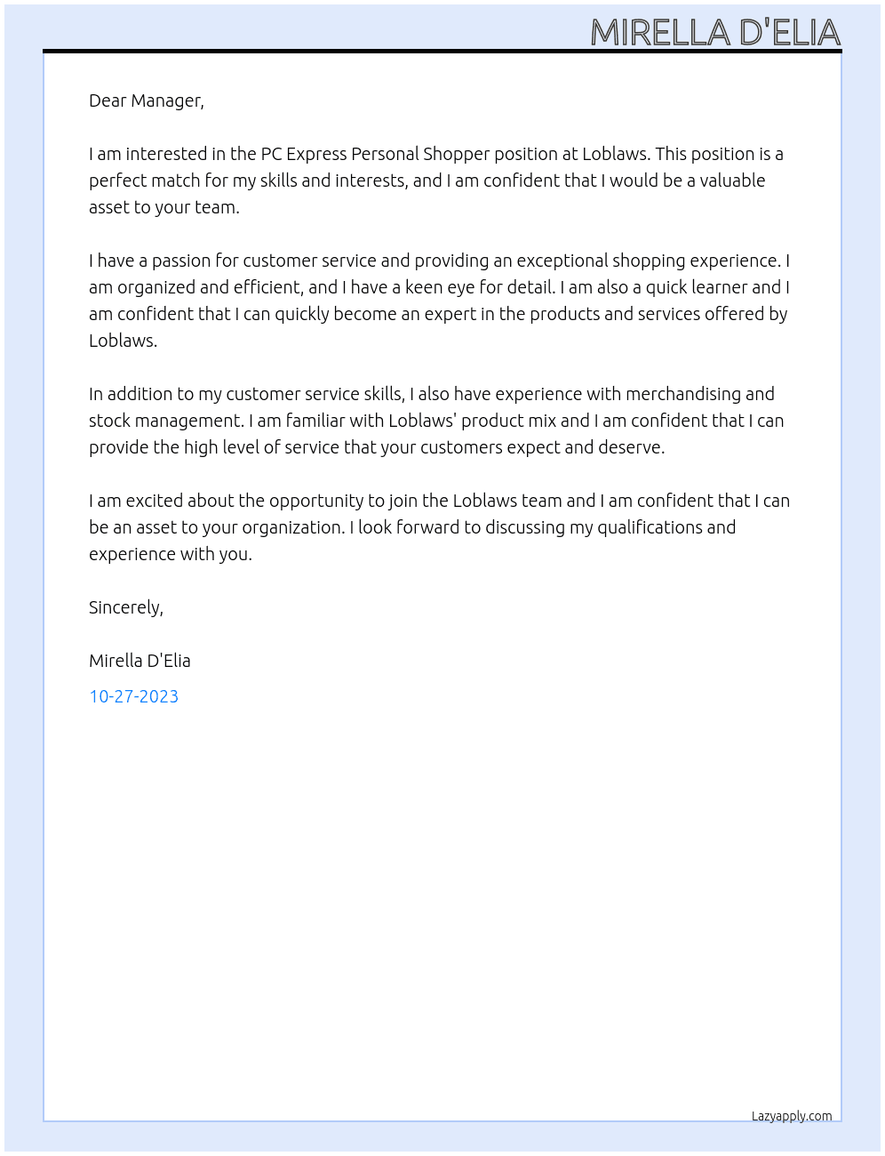 PC Express Personal Shopper At Loblaws Cover Letter