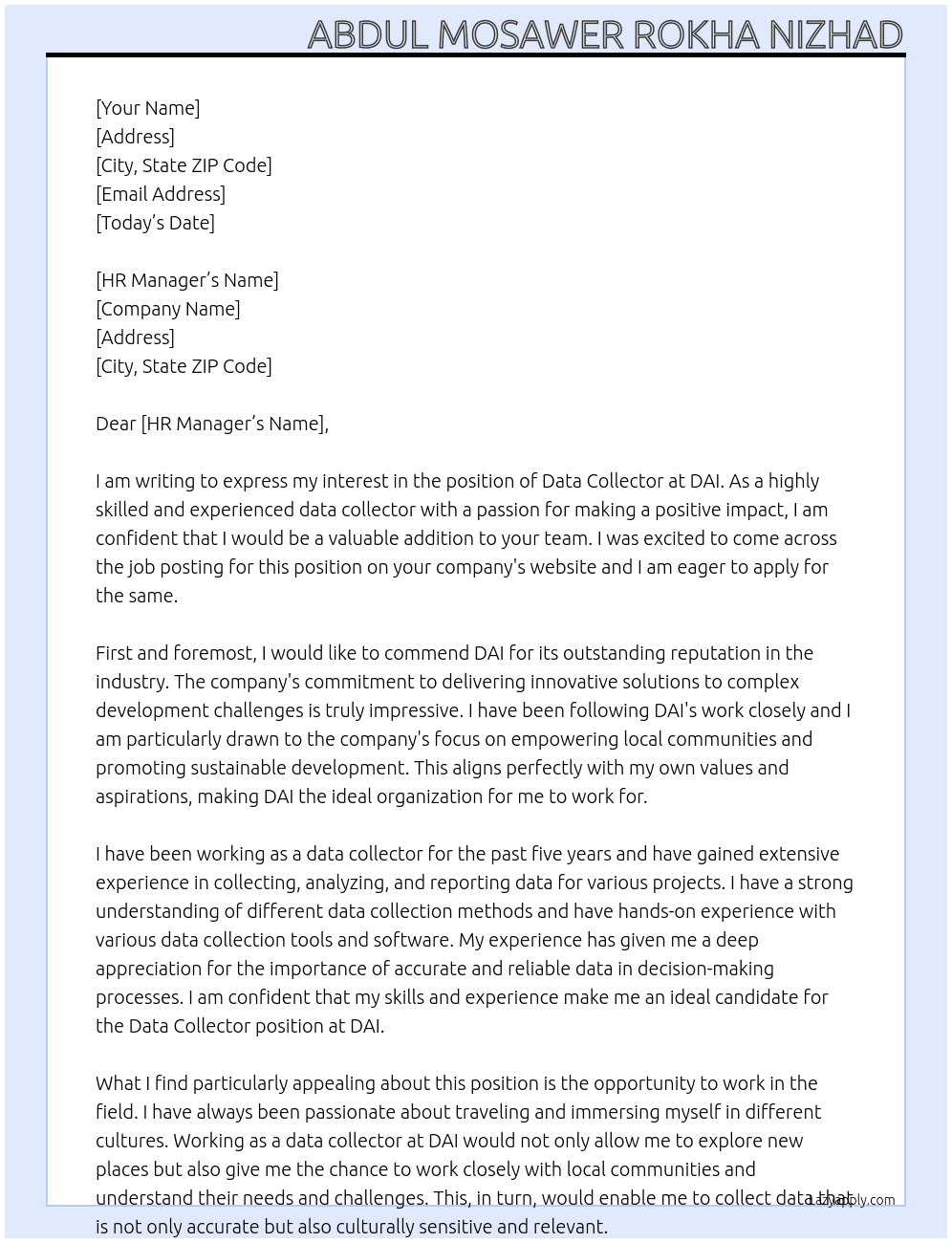 data collecter  At DAI Cover Letter