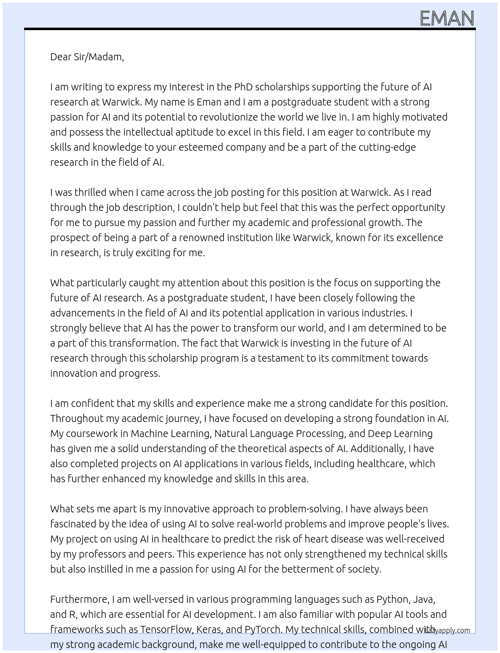PhD scholarships supporting the future of AI research At Warwick Cover Letter