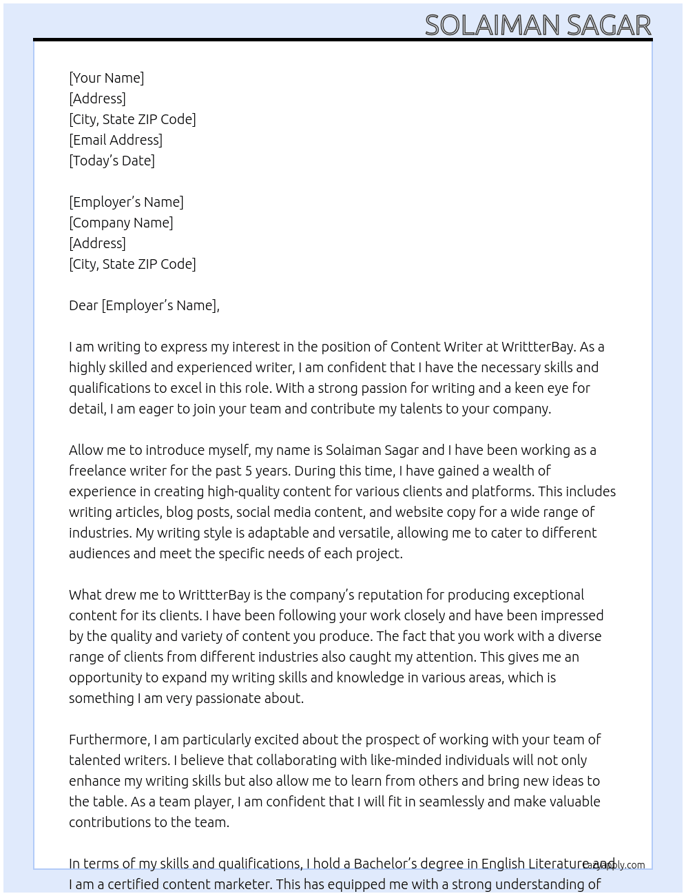 content writer At writtterbay Cover Letter