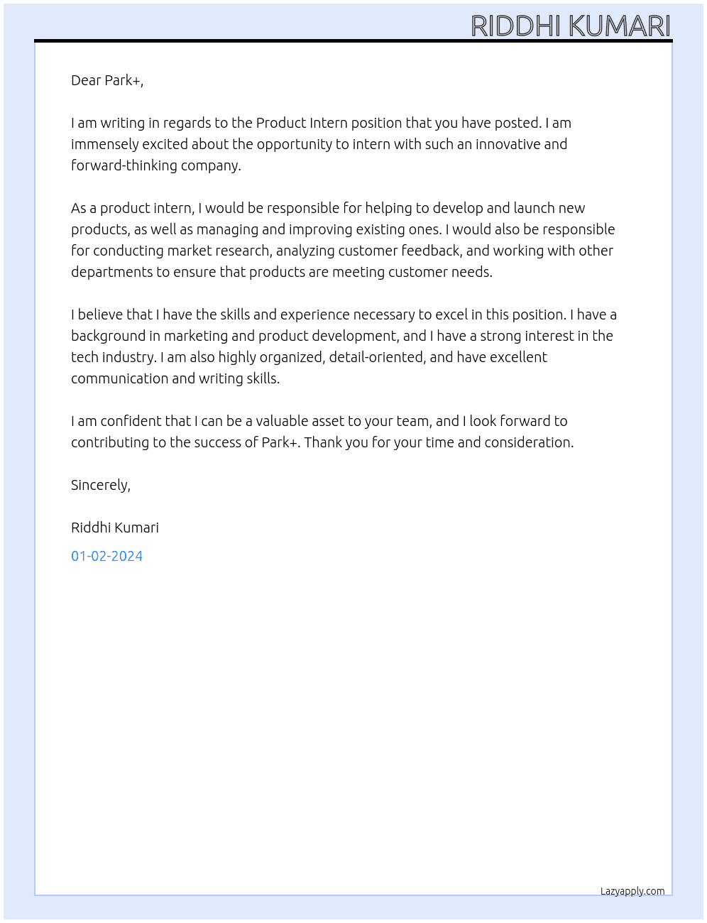 product intern At Park+ Cover Letter