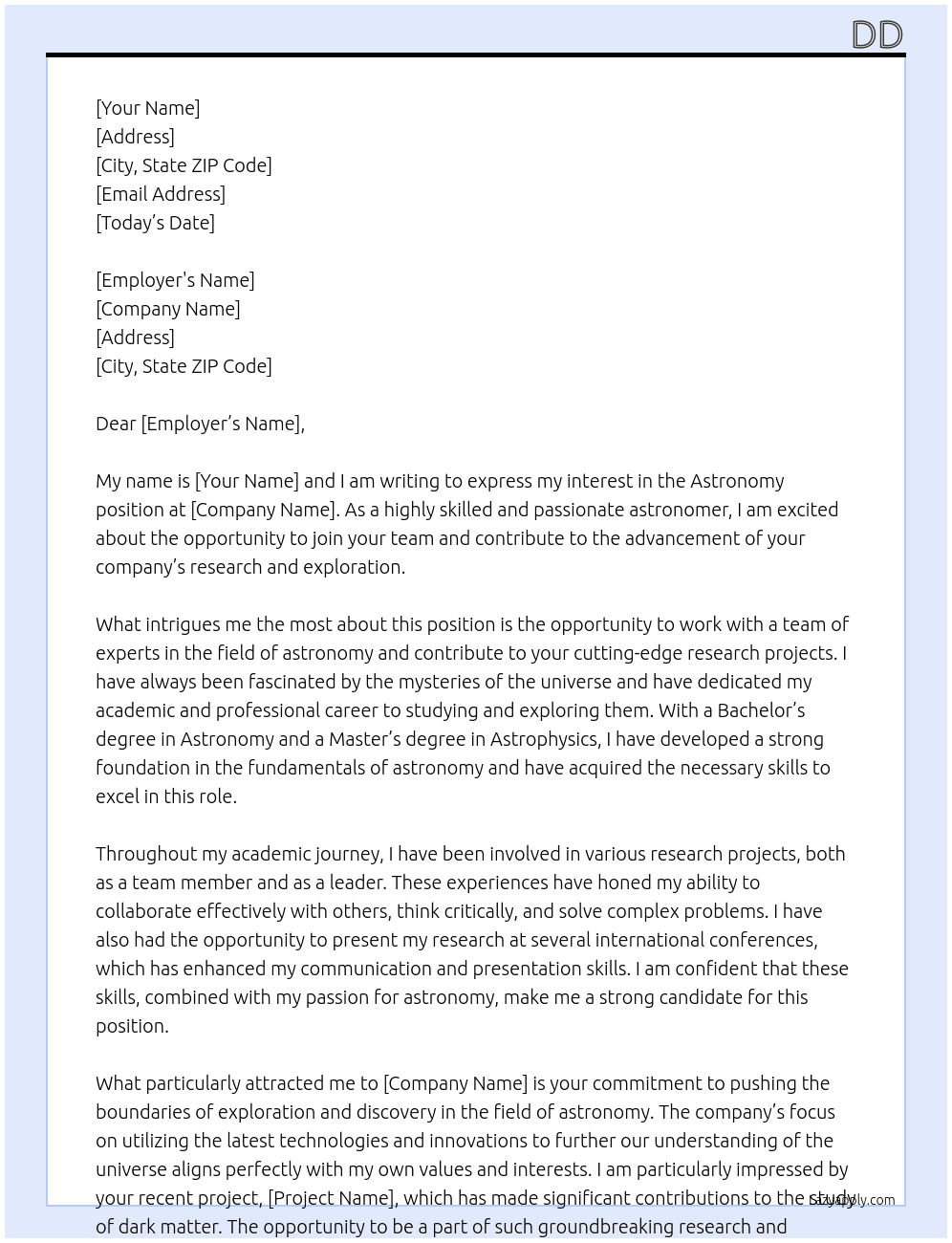 astronomy  At dd Cover Letter