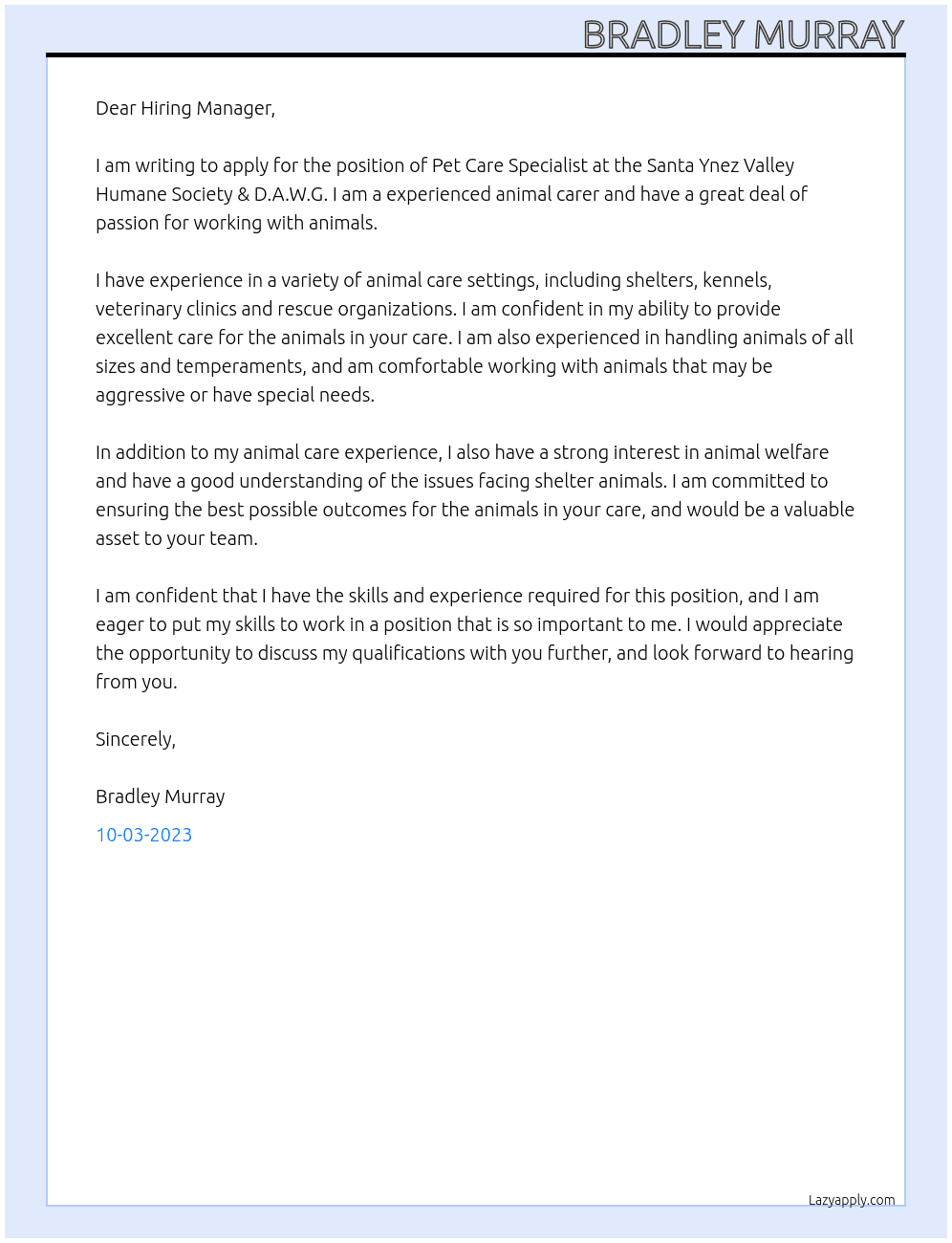 Pet Care Specialist  At Santa Ynez Valley Humane Society & D.A.W.G. Cover Letter