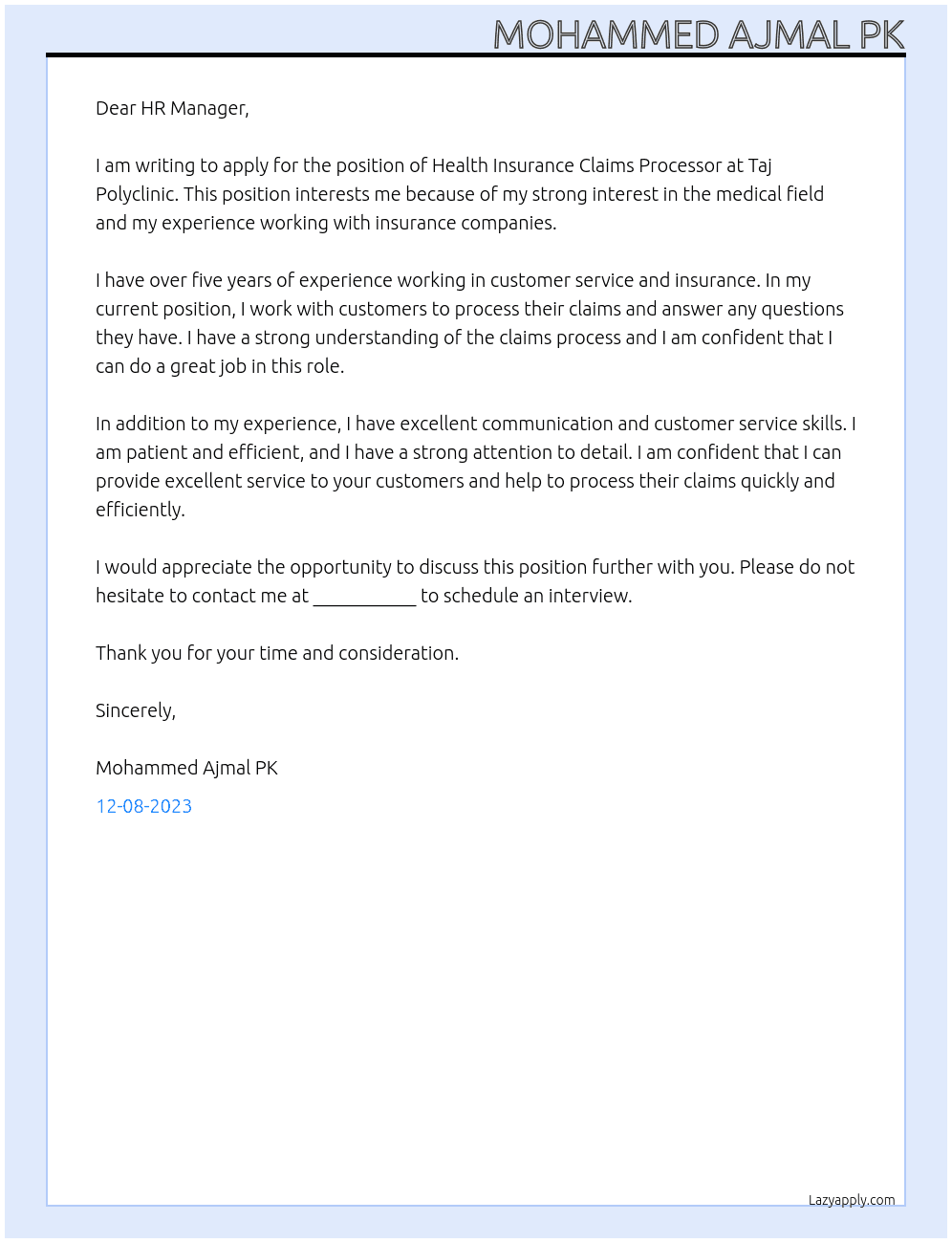 Health Insurance Claims processor At Taj Polyclinic Cover Letter