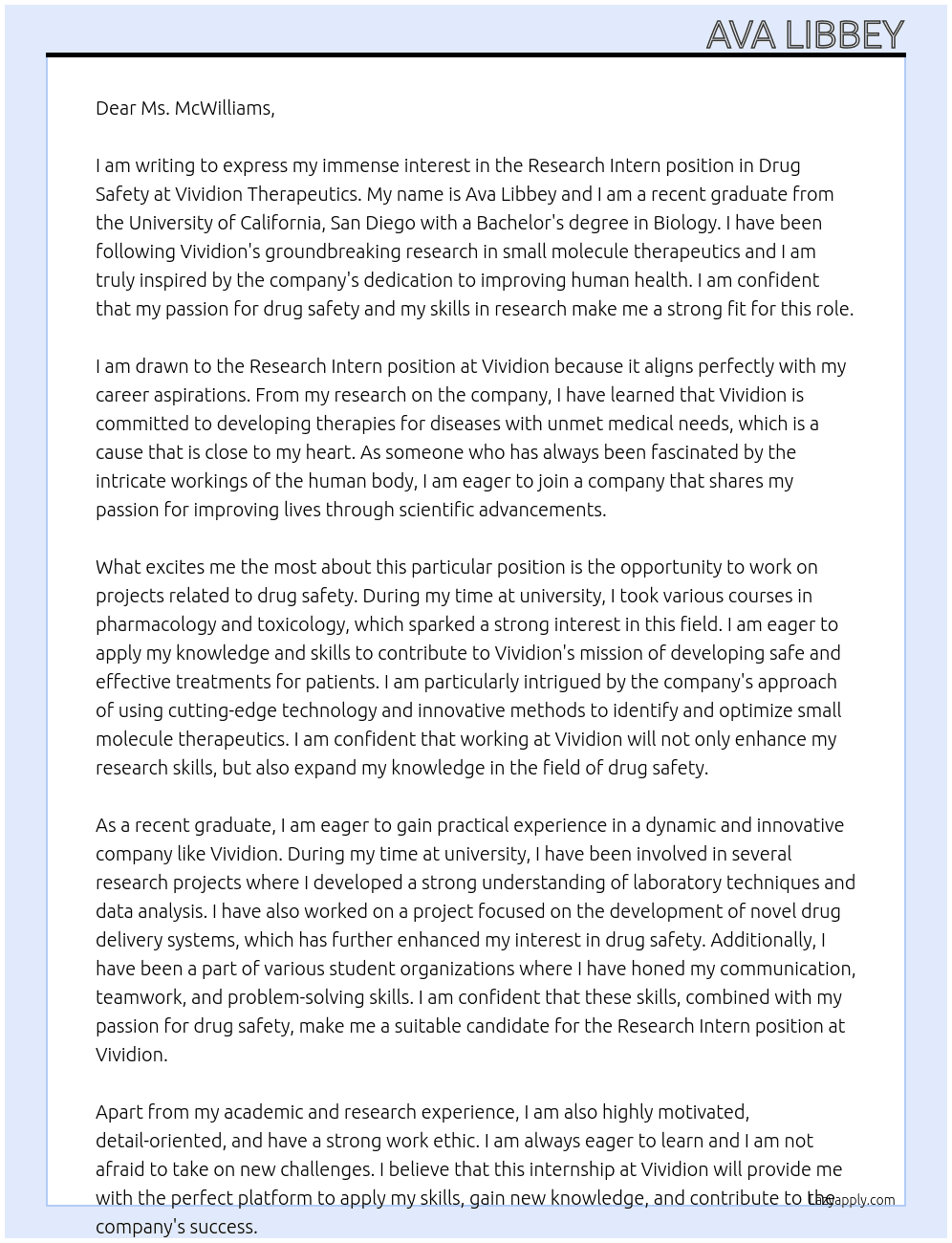 Research Intern, Drug Safety At Vividion Therapeutics Cover Letter