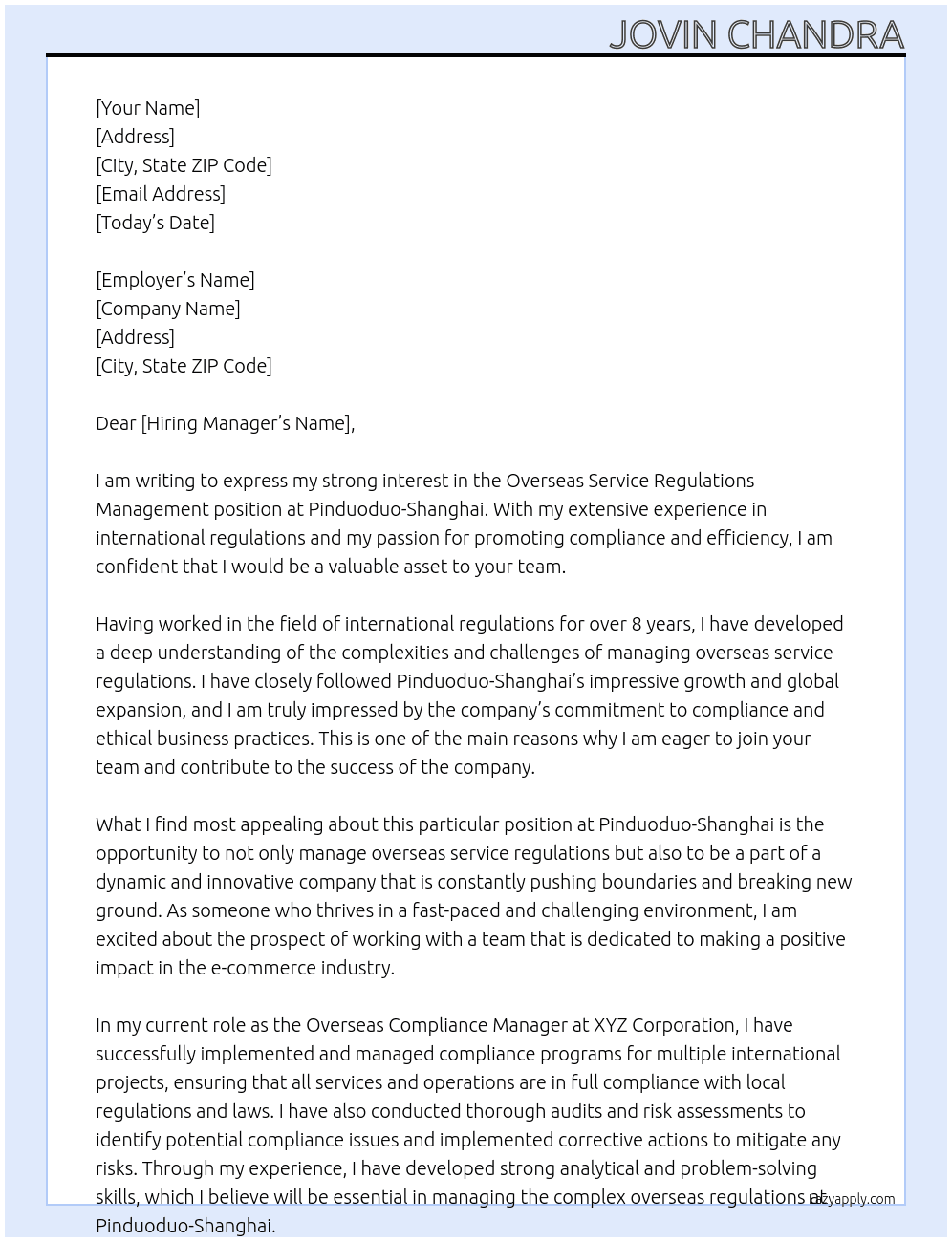Overseas Service Regulations Management At Pinduoduo-Shanghai Cover Letter