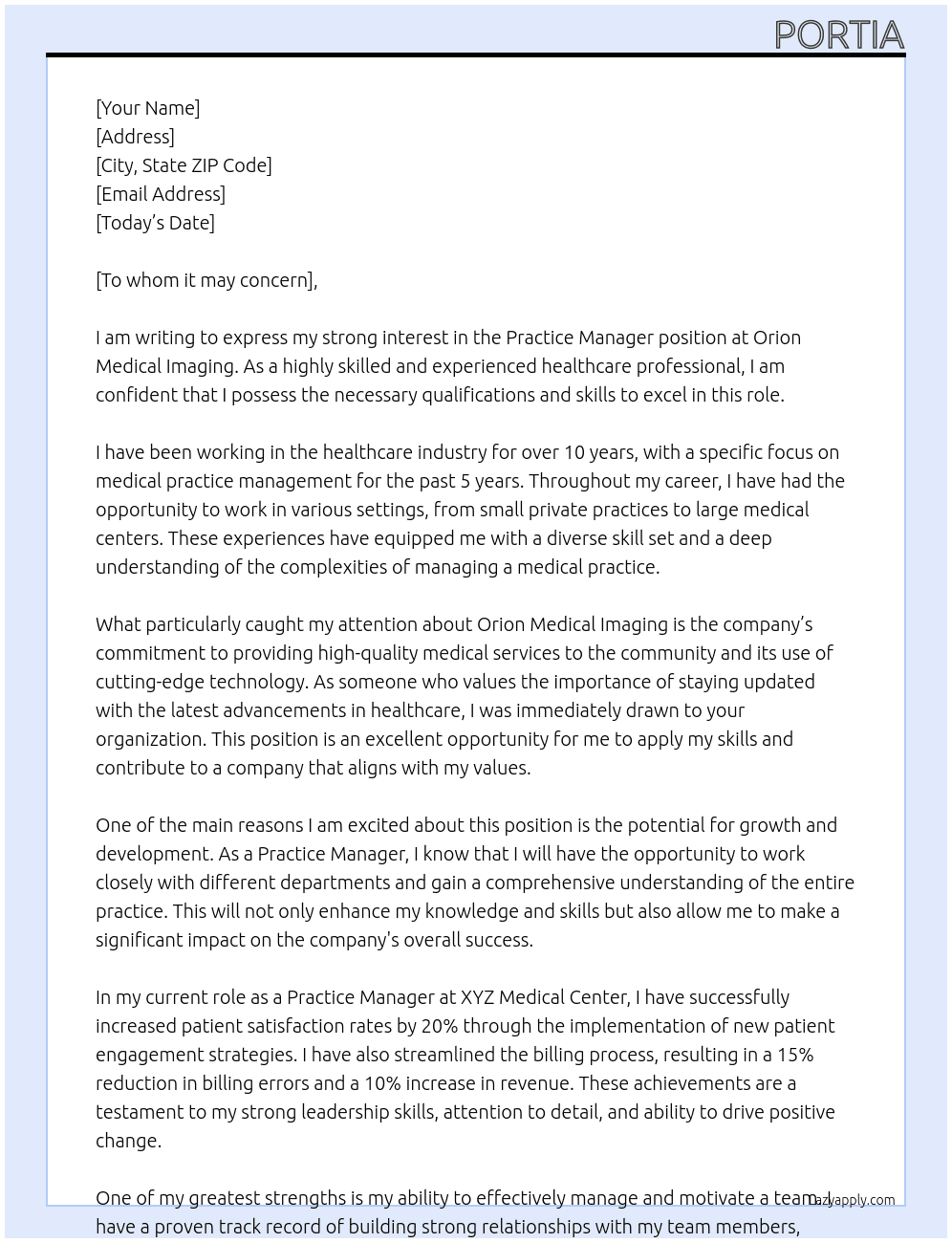 Practice manager At Orion Medical Imaging Cover Letter