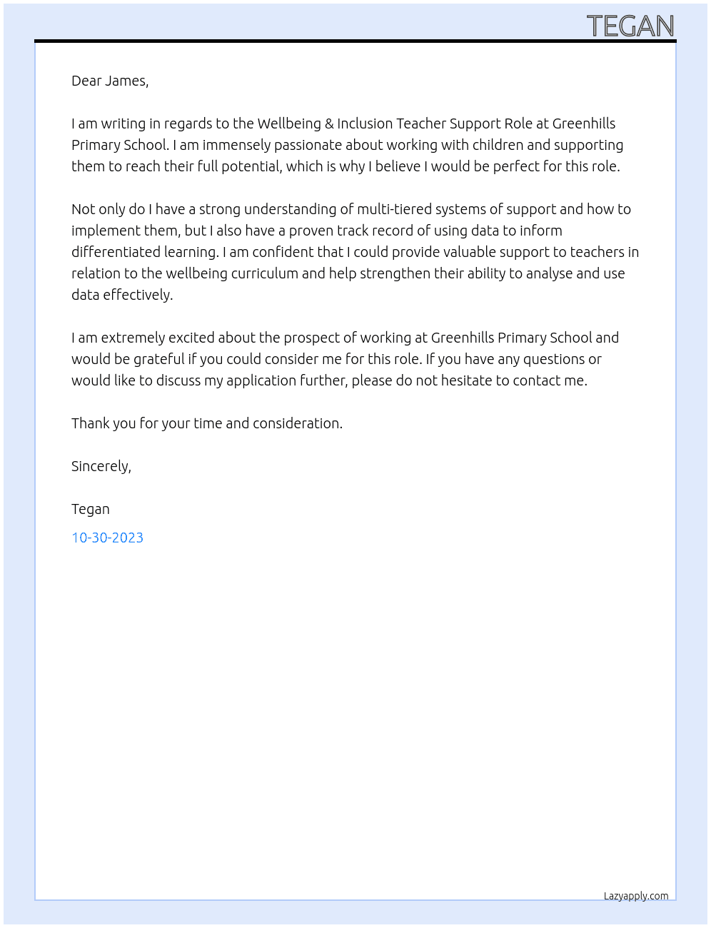 Wellbeing & Inclusion Teacher Support Role At Greenhills Primary School Cover Letter