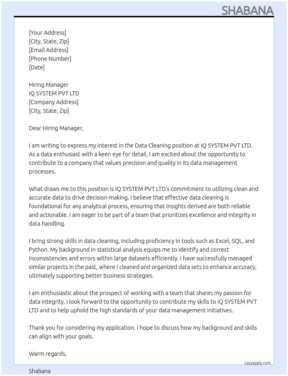 Cover letter for data cleaning - LazyApply