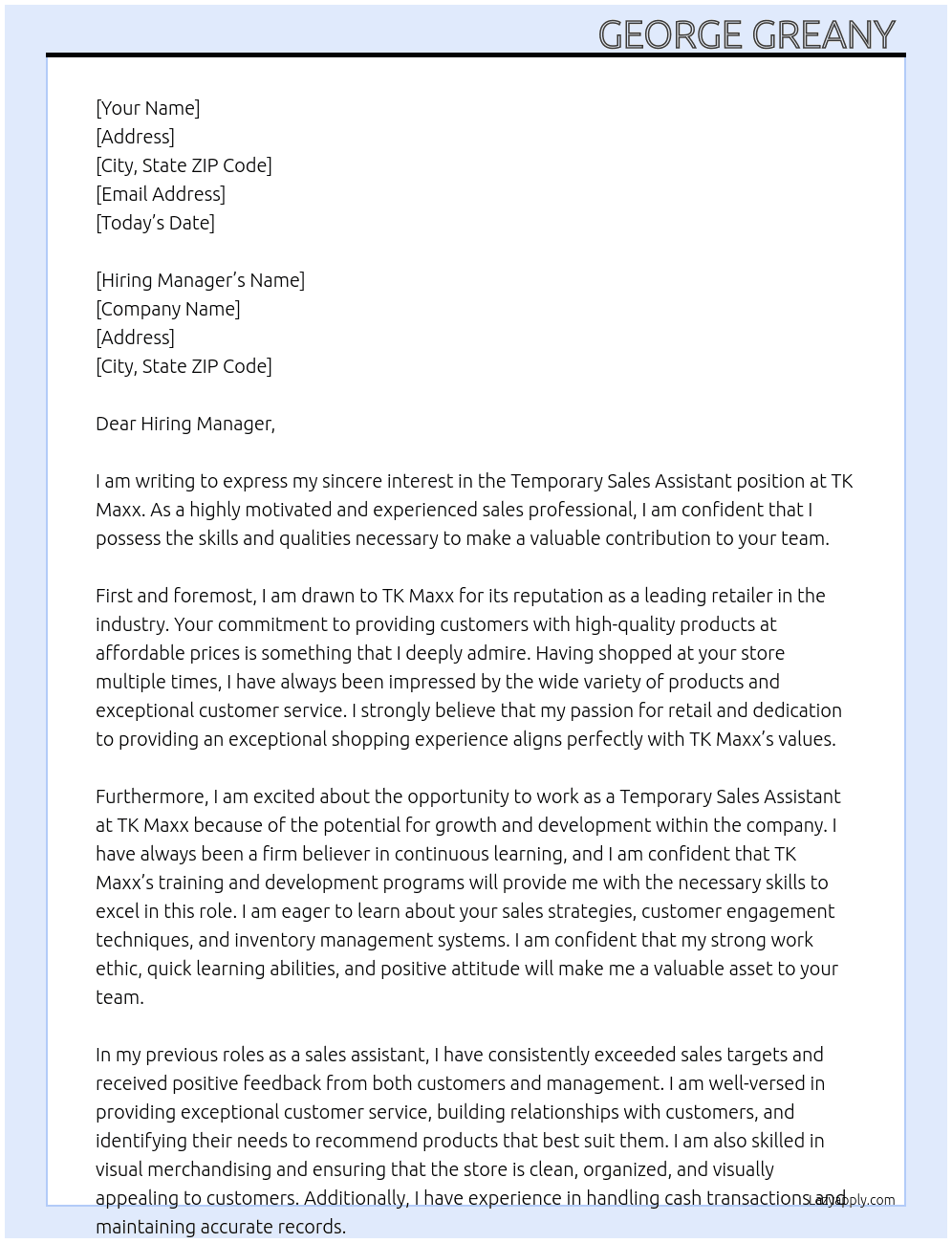 Temporary Sales Assistant  At TK Maxx  Cover Letter