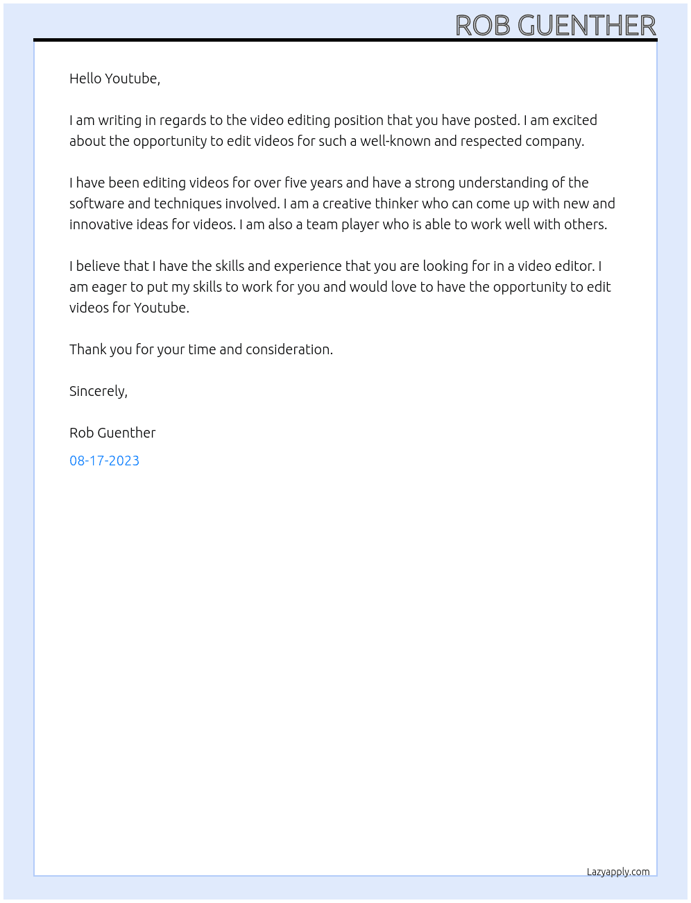 Video Editing At youtube Cover Letter