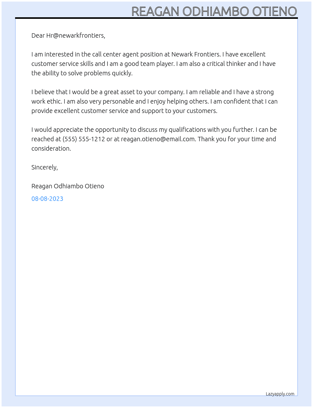Call center agent At Newark Frontiers Cover Letter