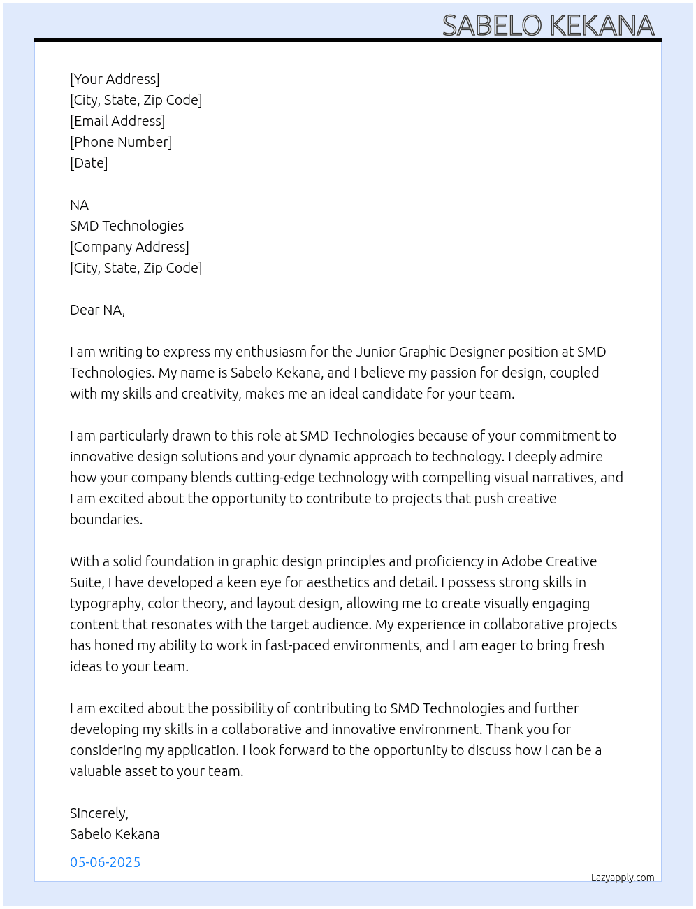 Junior  graphic Designer  At SMD Technologies Cover Letter