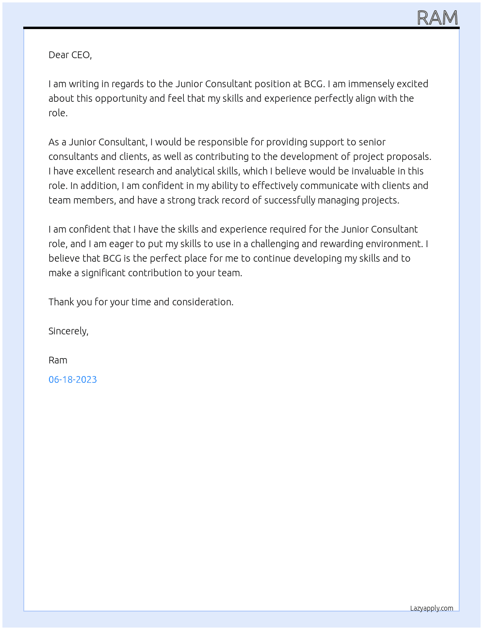 Junior Consultant At BCG Cover Letter