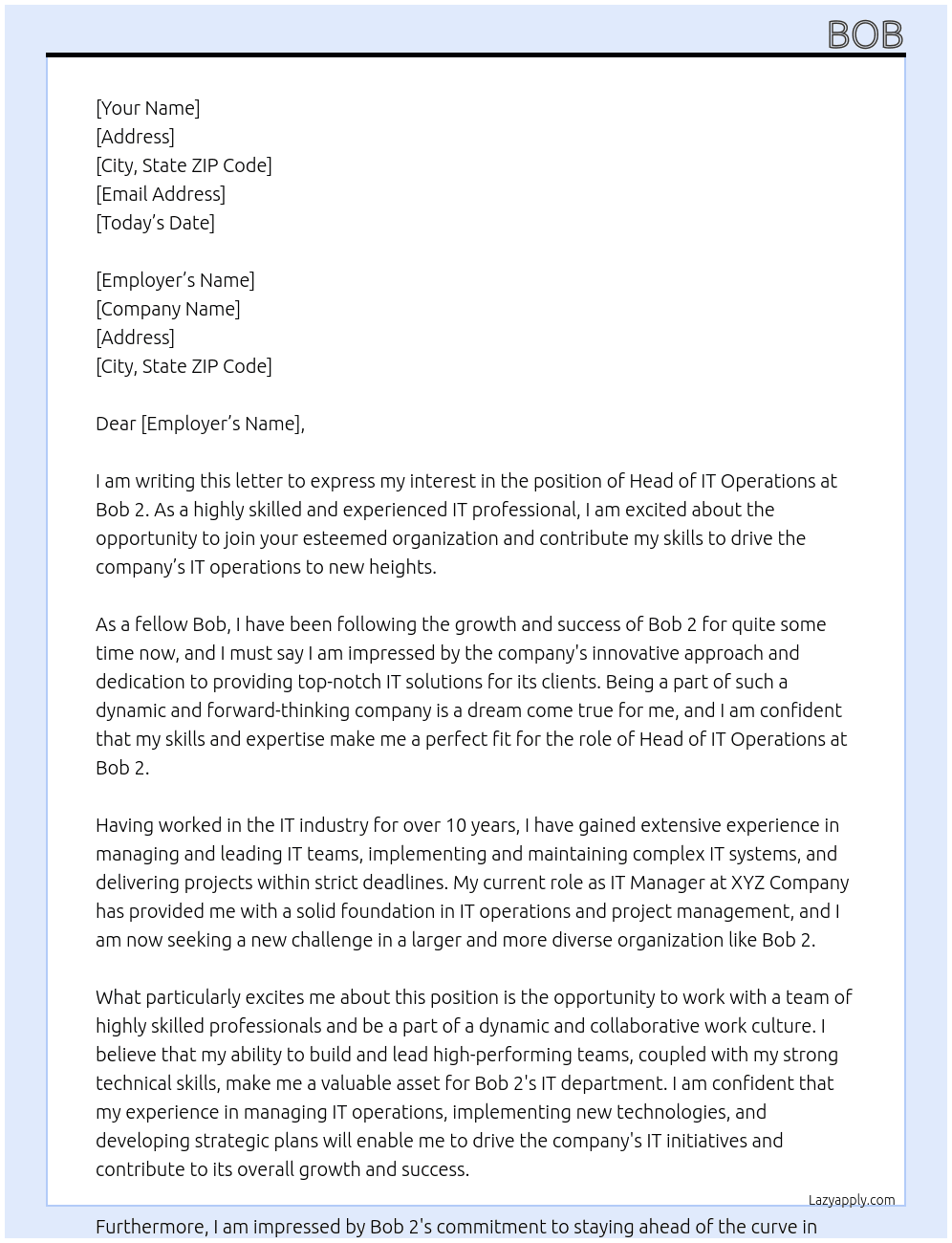 head of it operations At Bob 2 Cover Letter