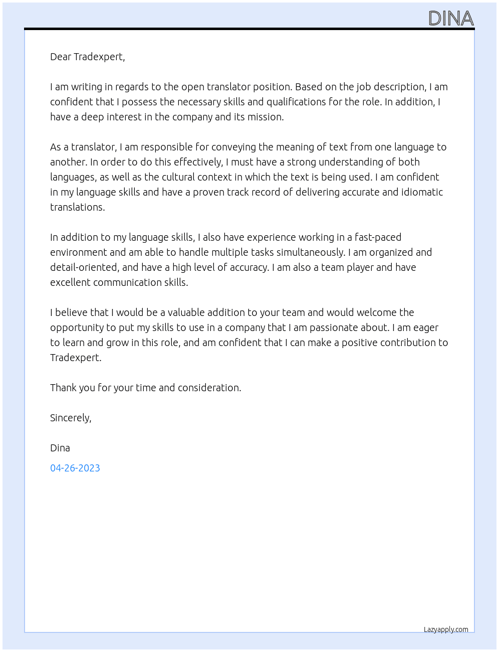 Translator At tradexpert Cover Letter