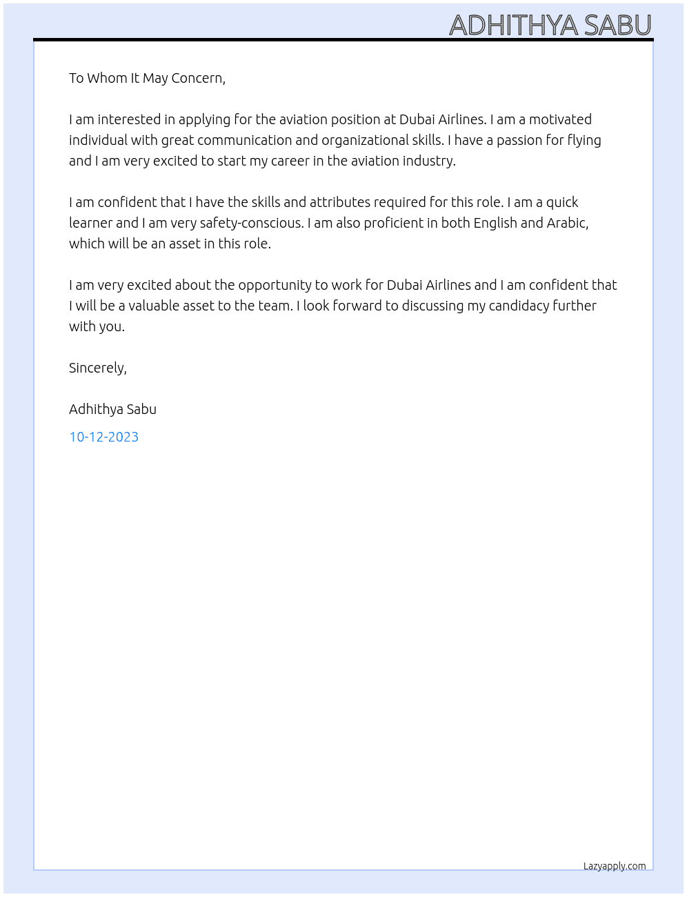 aviation At emirates  Cover Letter