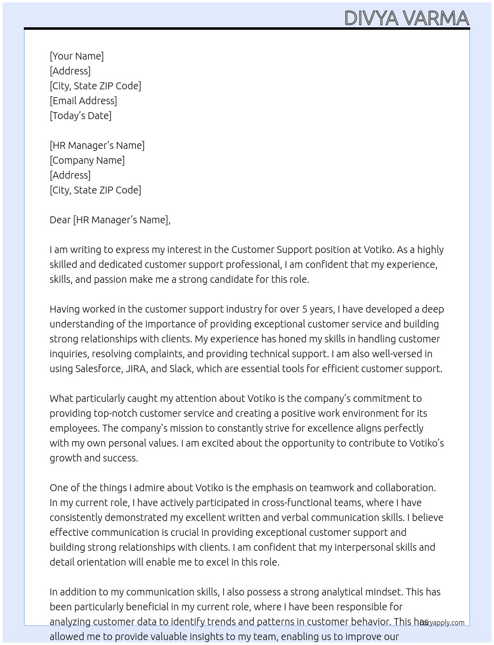 Customer Support At Votiko Cover Letter