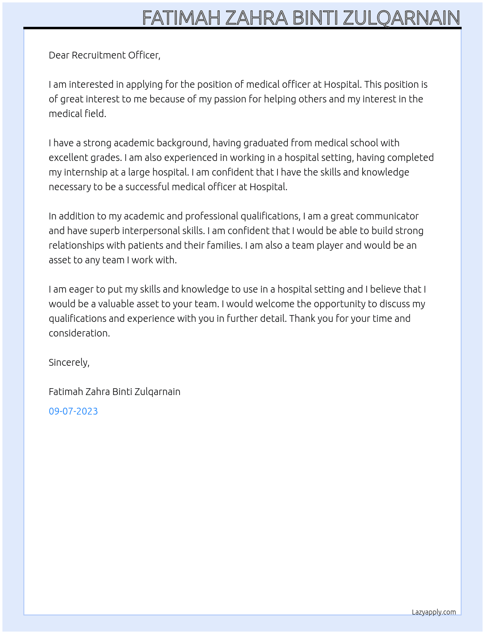 medical officer At Hospital Cover Letter