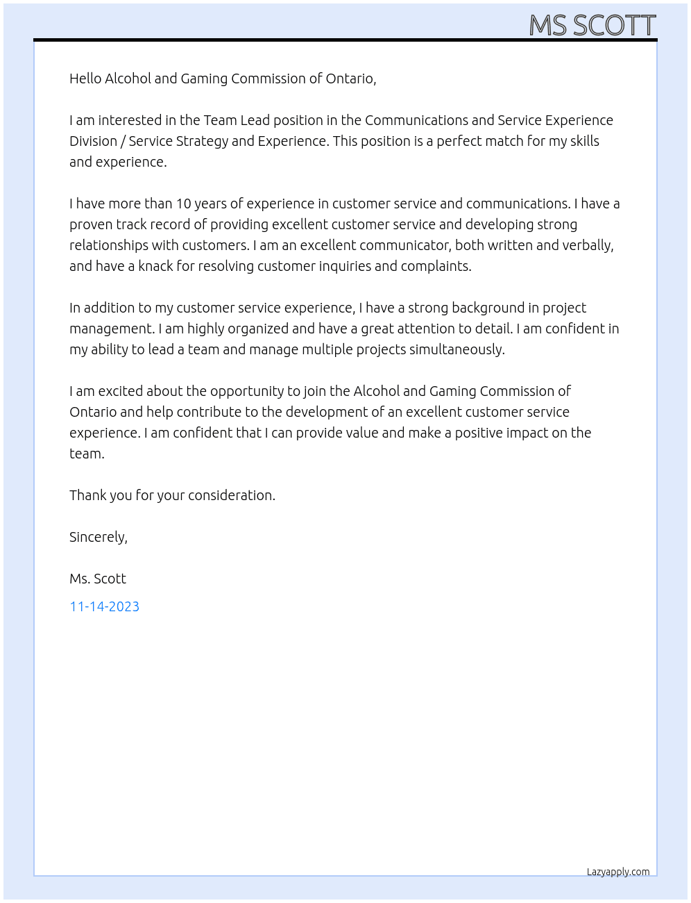 Team Lead  At Alcohol and Gaming Commission of Ontario Cover Letter