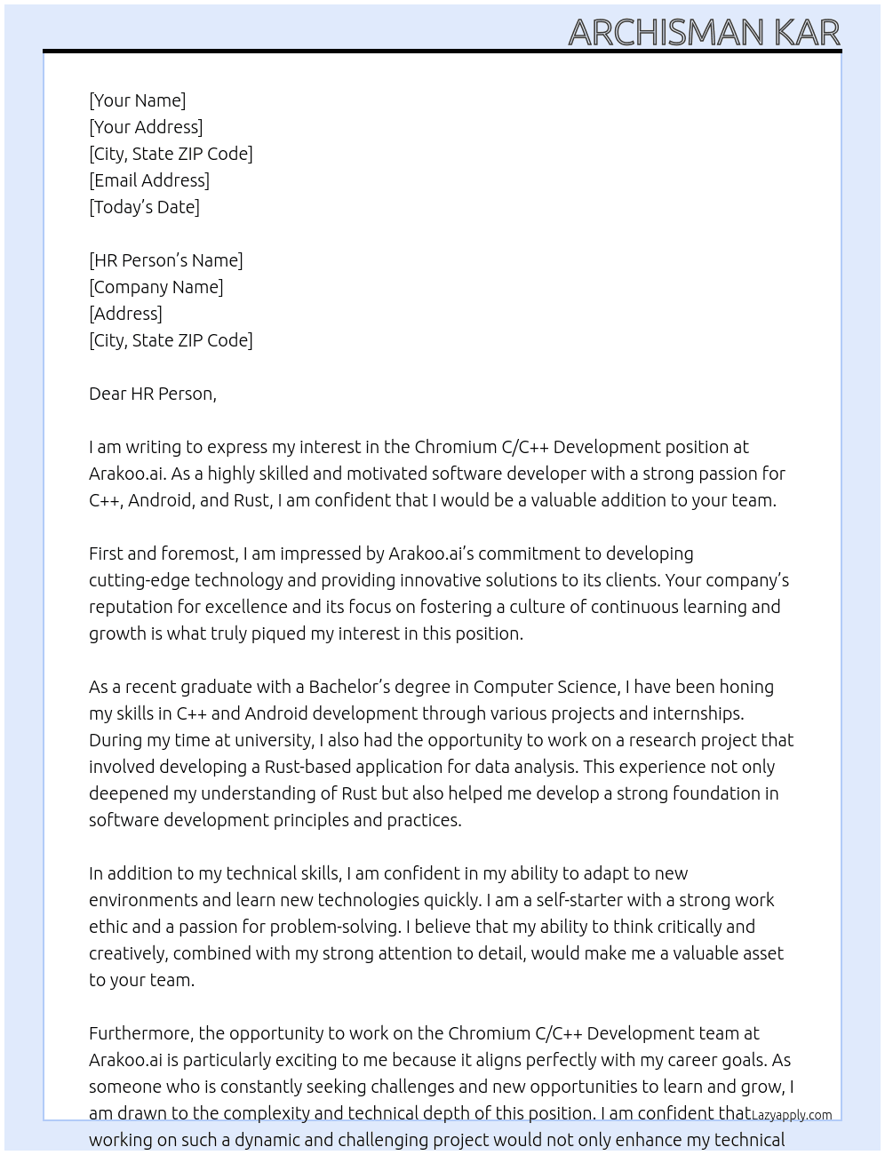 Chromium C/C++ Development At Arakoo.ai Cover Letter