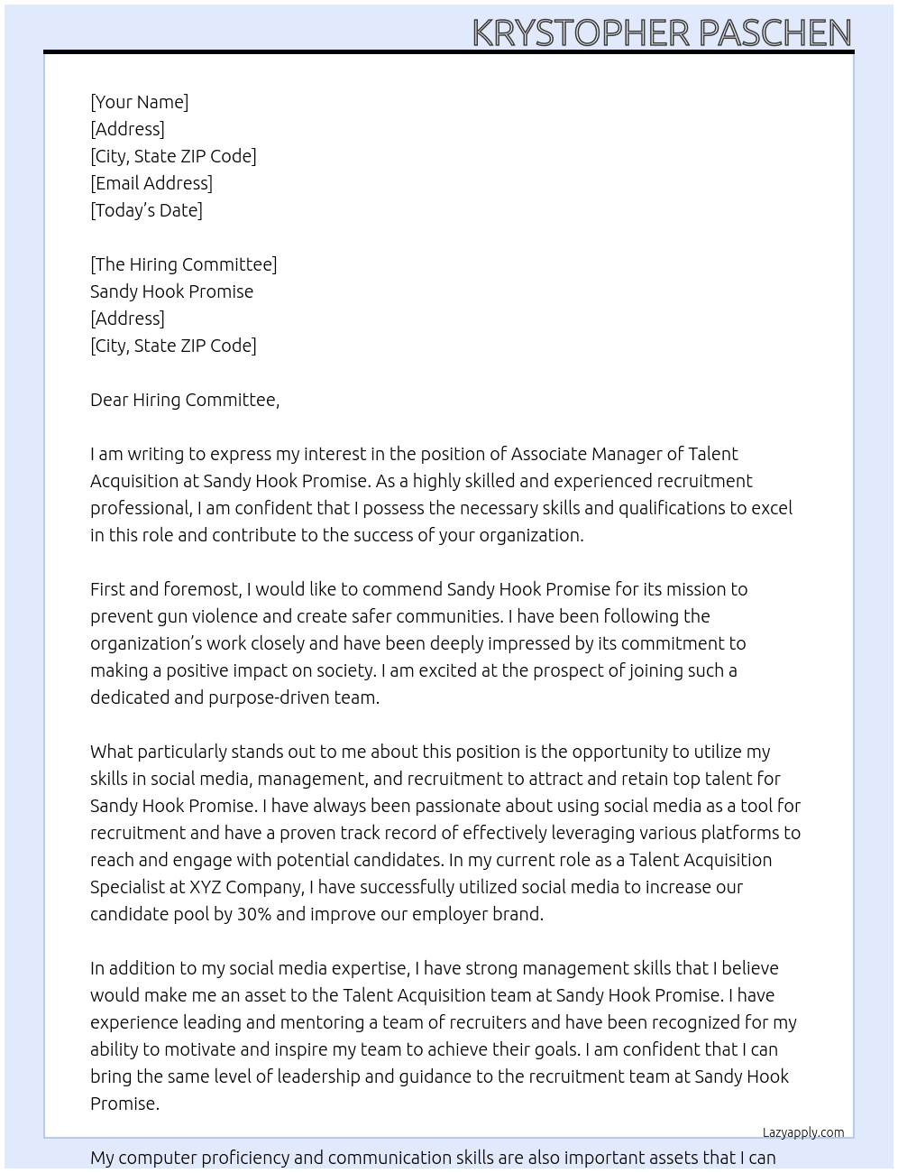 Associate Manager of Talent Acquistion At Sandy Hook Promise Cover Letter